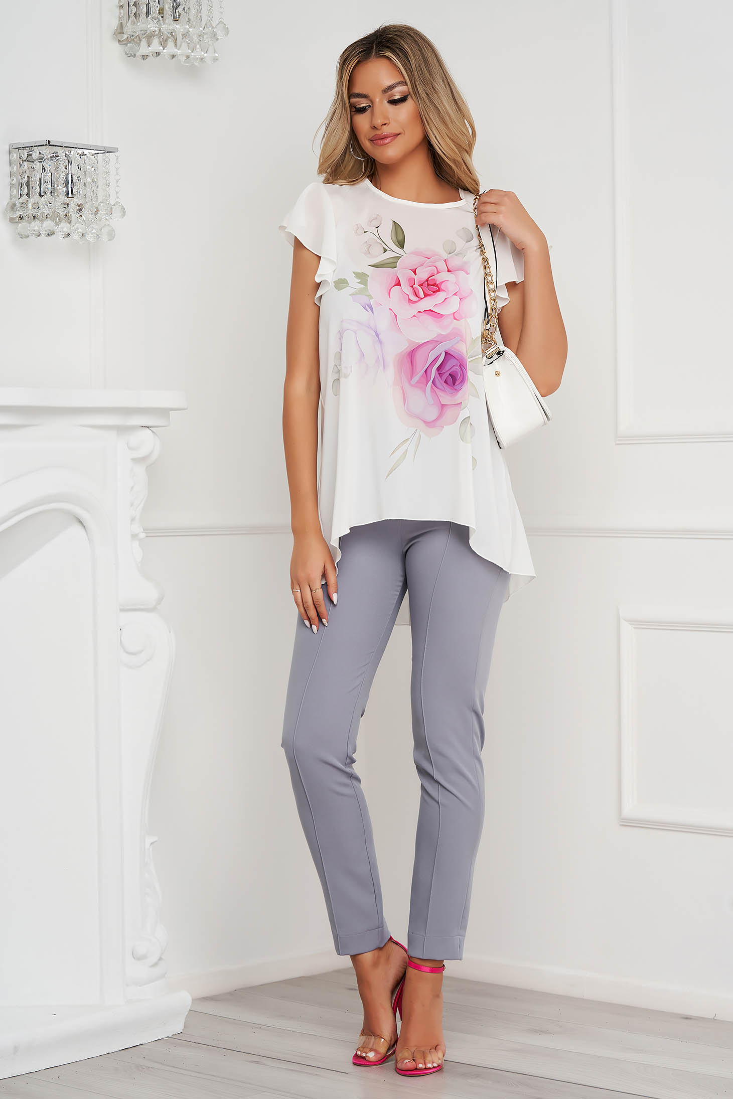 StarShinerS elegant asymmetrical women`s blouse loose fit with floral print