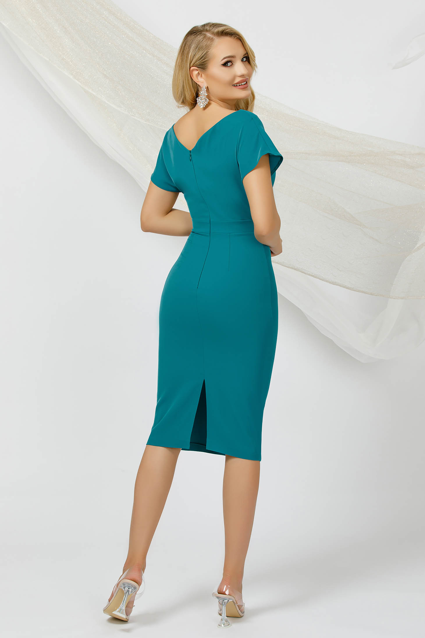 Turquoise dress midi pencil short sleeves with bow elastic cloth 3 - StarShinerS.com