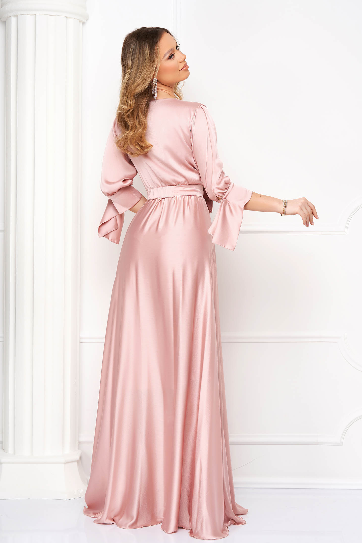 Light Pink Veil Dress Wrapped in Flare with Elastic Waistband - PrettyGirl 5 - StarShinerS.com