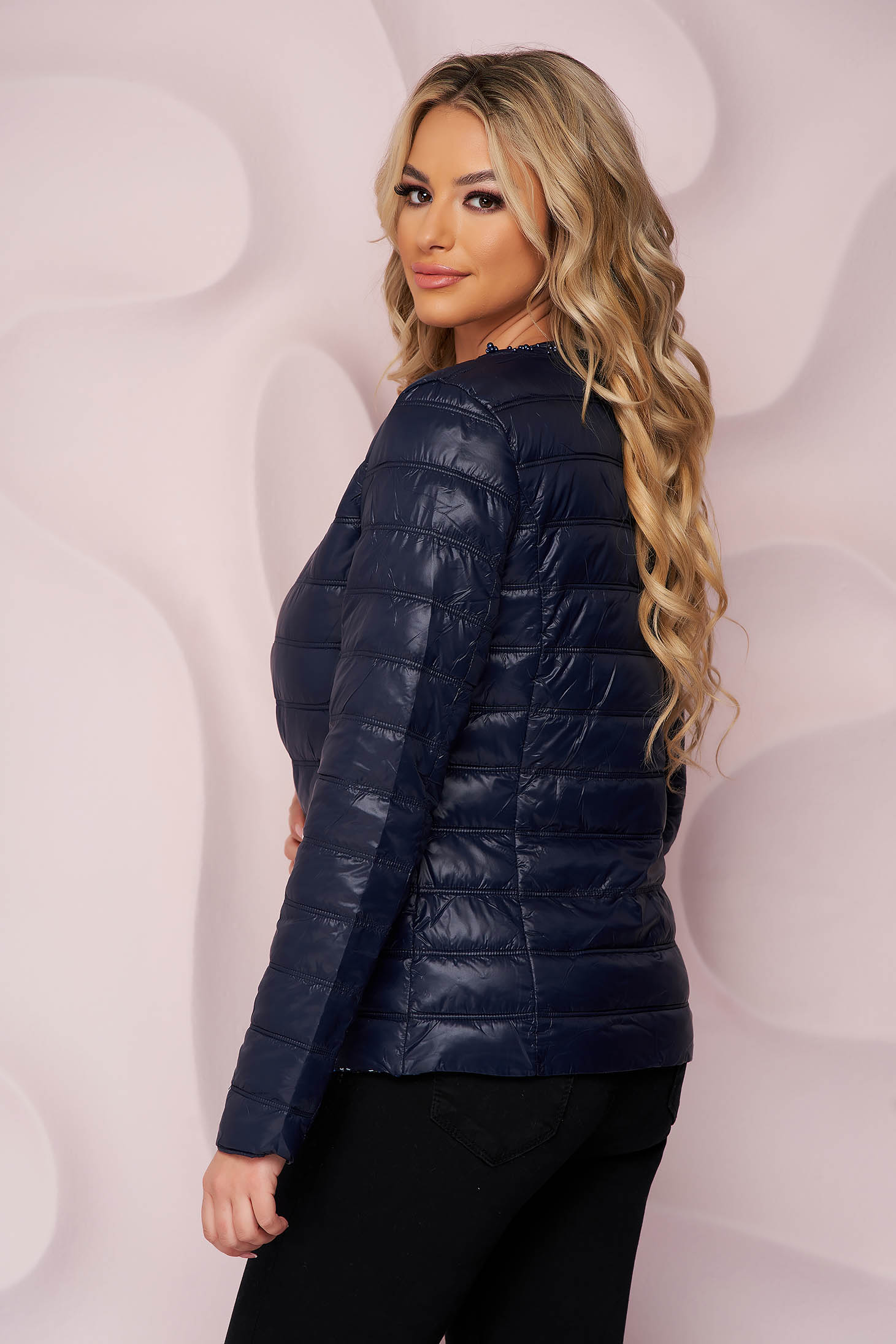 Darkblue jacket from slicker thin fabric with pockets with pearls straight 2 - StarShinerS.com