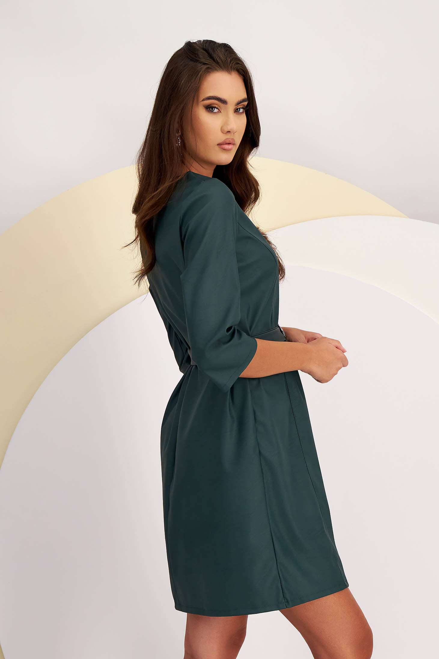 Dark green faux leather dress with a straight cut accessorized with a belt - SunShine 4 - StarShinerS.com