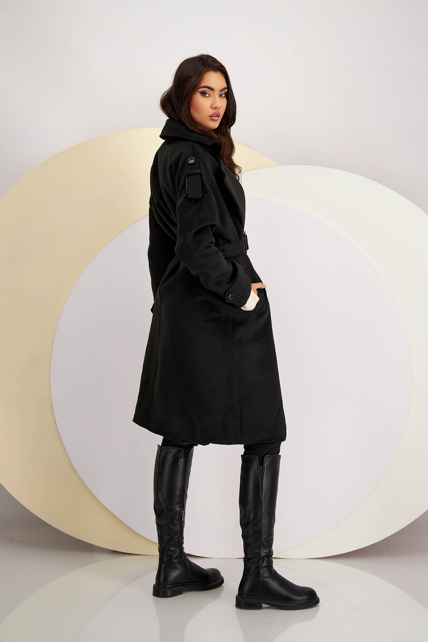 Fekete casual bő szabású hosszú kabát vastag szövetből eltávolítható övvel 4 - StarShinerS.hu