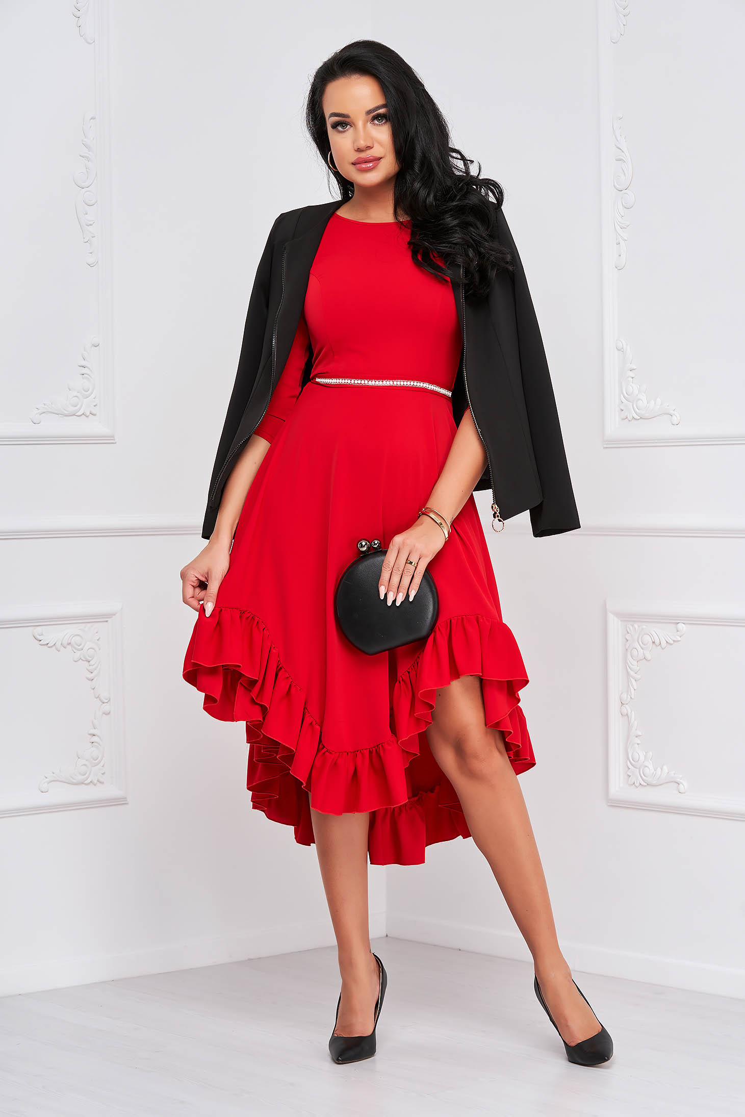 Asymmetric red georgette dress with flounces at the base of the dress - StarShinerS 3 - StarShinerS.com