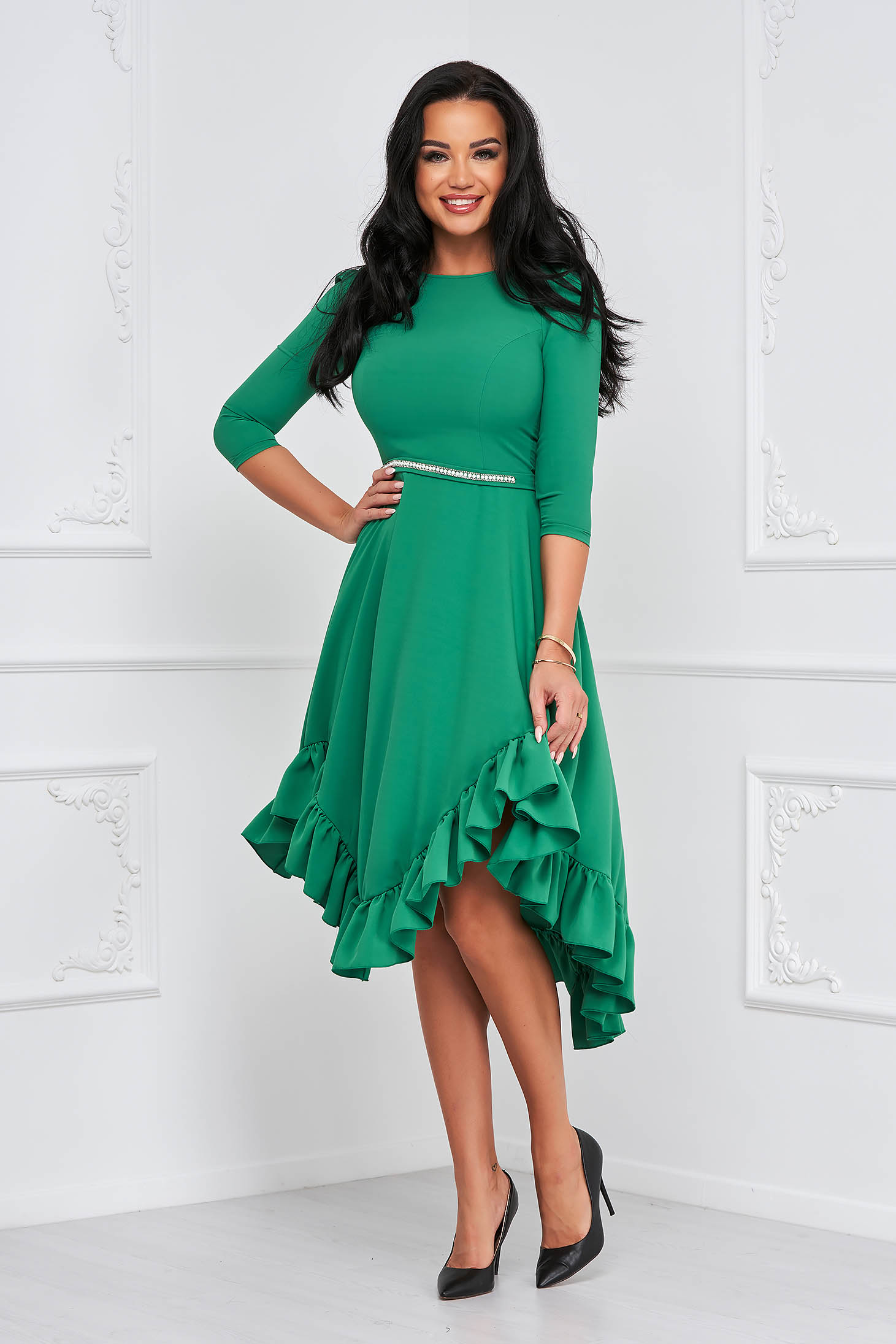 Asymmetric green georgette dress in a-line with ruffles at the base of the dress - StarShinerS 4 - StarShinerS.com