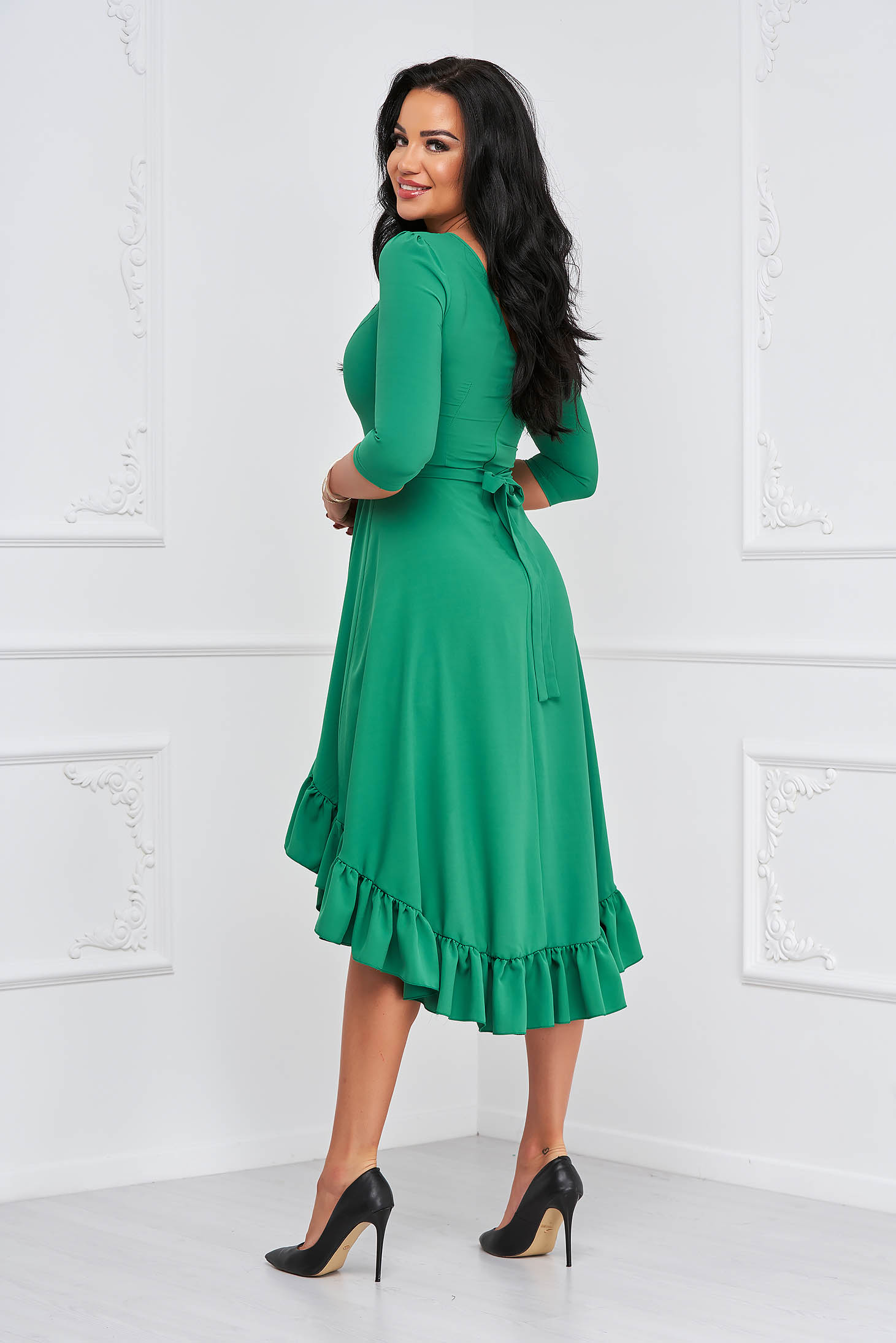 Asymmetric green georgette dress in a-line with ruffles at the base of the dress - StarShinerS 2 - StarShinerS.com