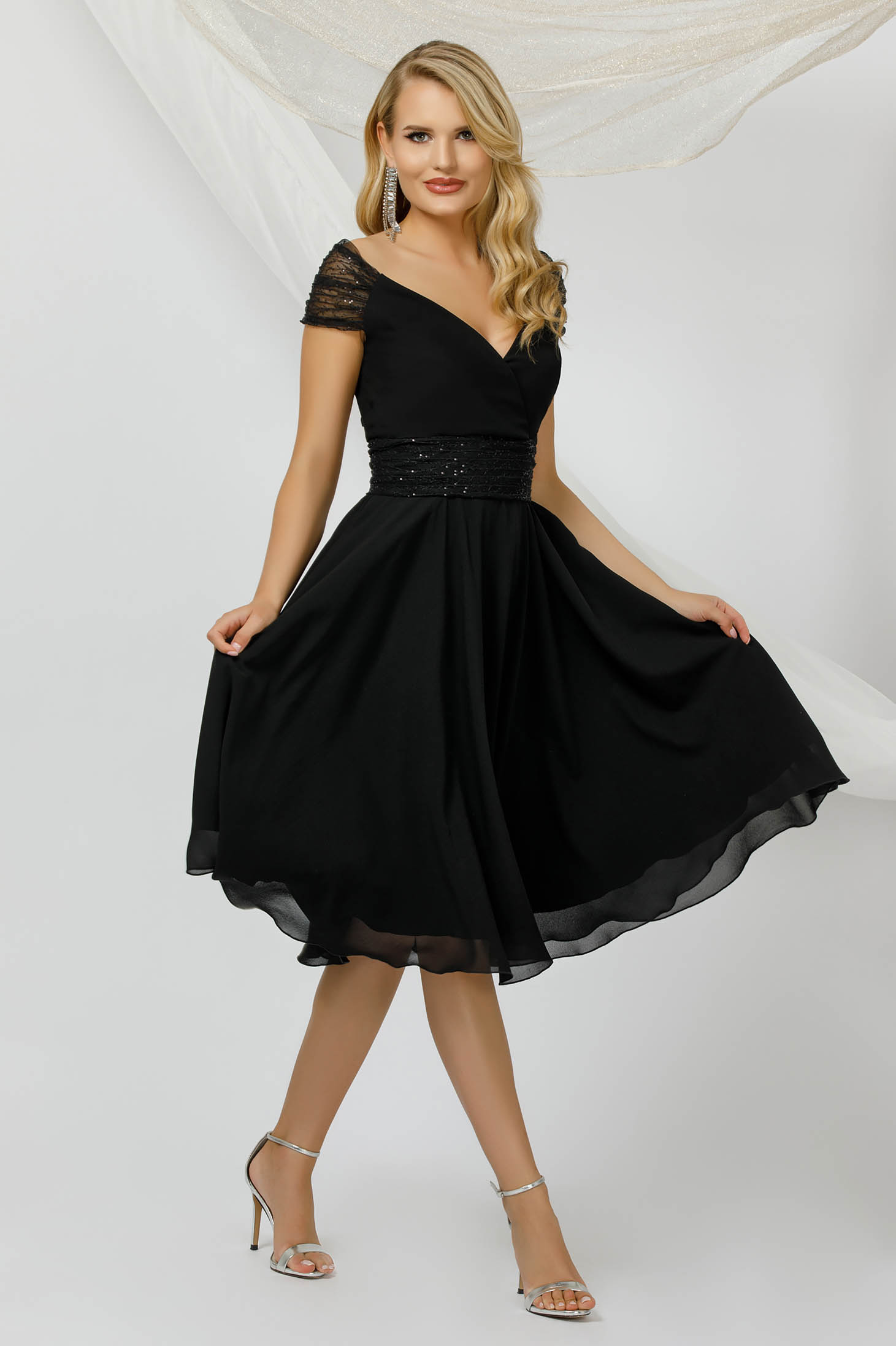 Black Midi Chiffon Dress with Sequin Applications - PrettyGirl 2 - StarShinerS.com