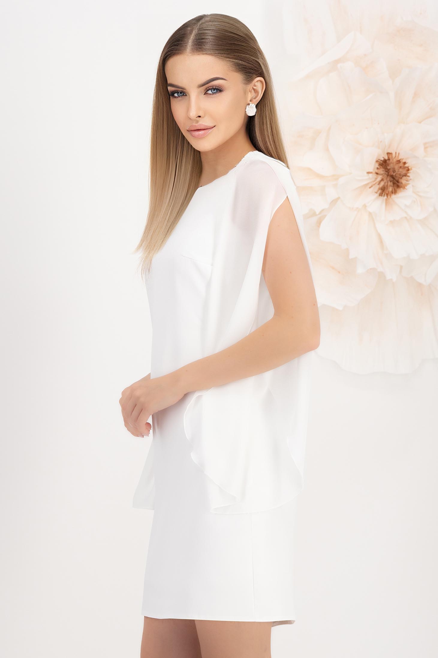 Rochie din stofa elastica ivoire scurta cu un croi drept si maneci din voal - StarShinerS 2 - StarShinerS.ro