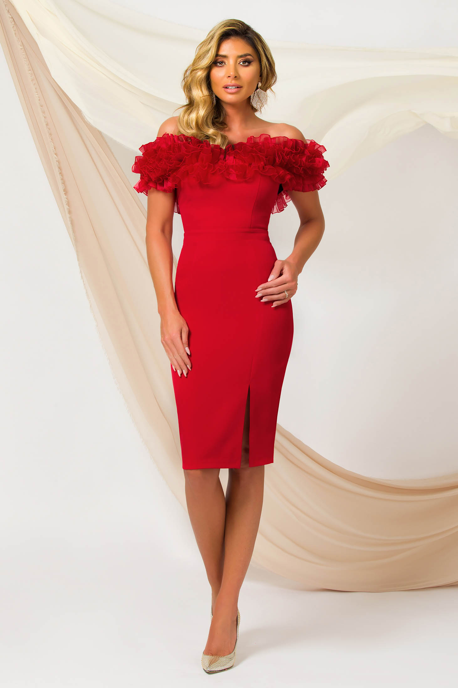 Red Midi Pencil Dress made of slightly stretchy material with organza ruffle sleeves - PrettyGirl 3 - StarShinerS.com