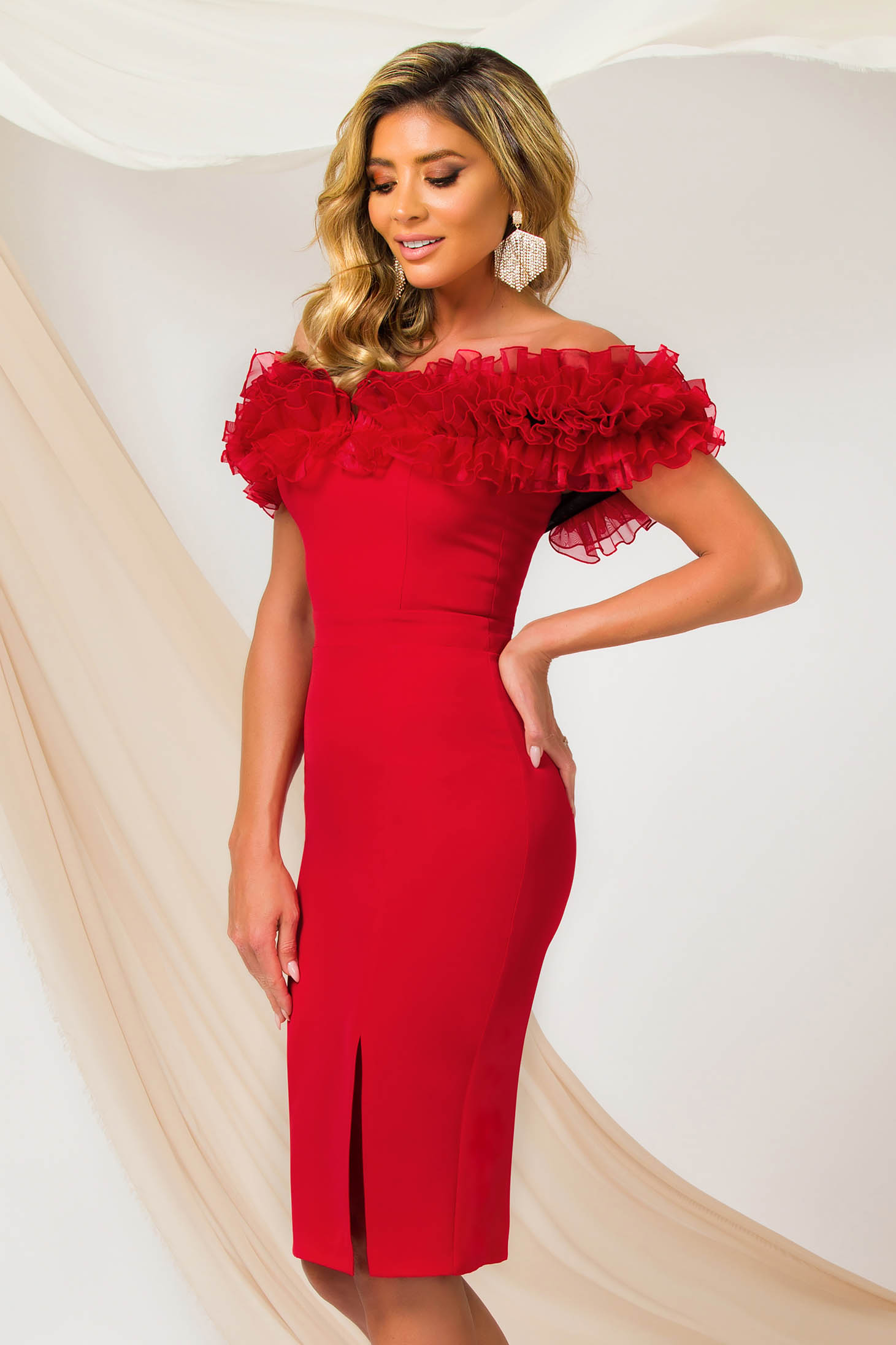 Red Midi Pencil Dress made of slightly stretchy material with organza ruffle sleeves - PrettyGirl 2 - StarShinerS.com