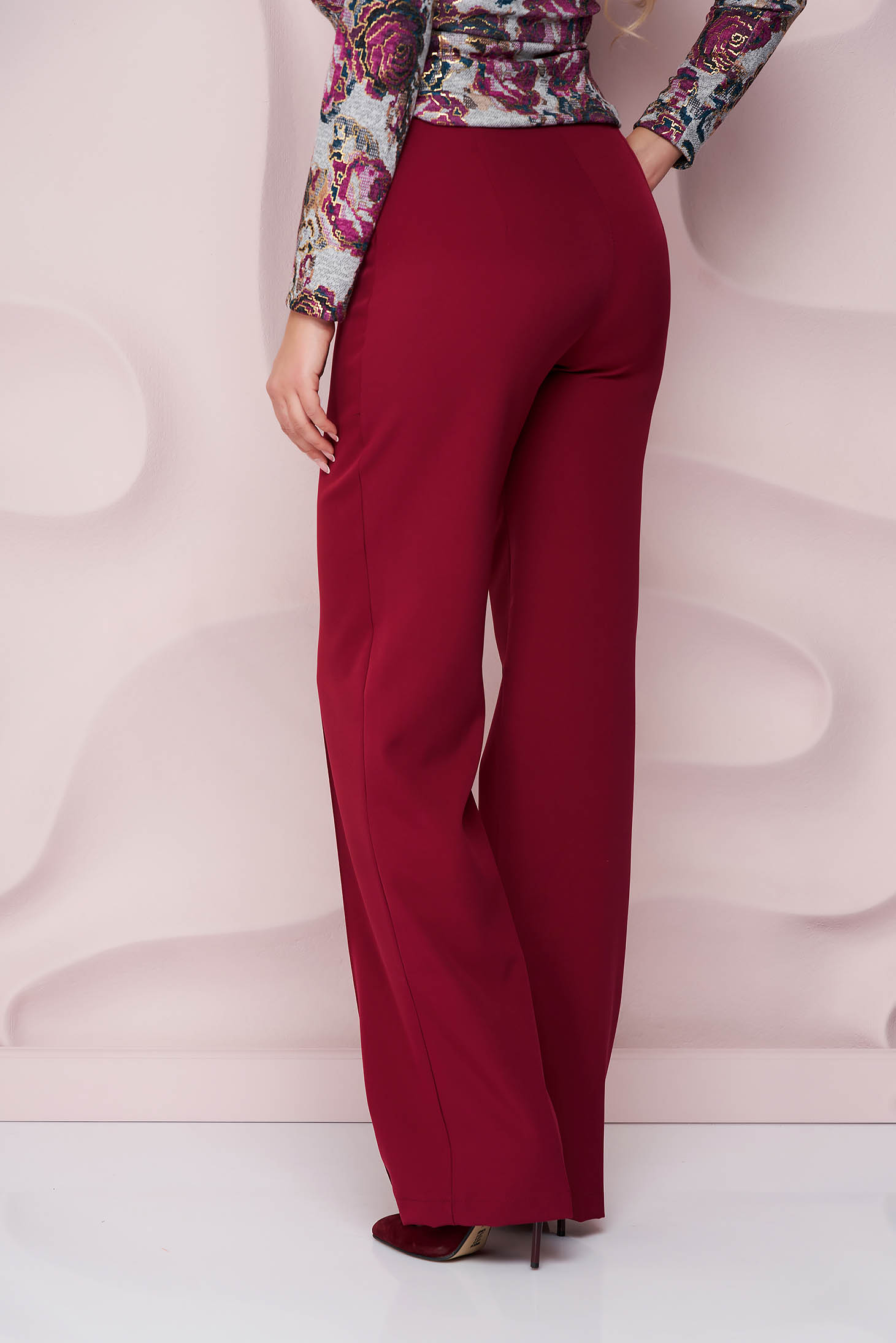Raspberry slightly stretchy fabric trousers with a flared cut and high waist - StarShinerS 3 - StarShinerS.com
