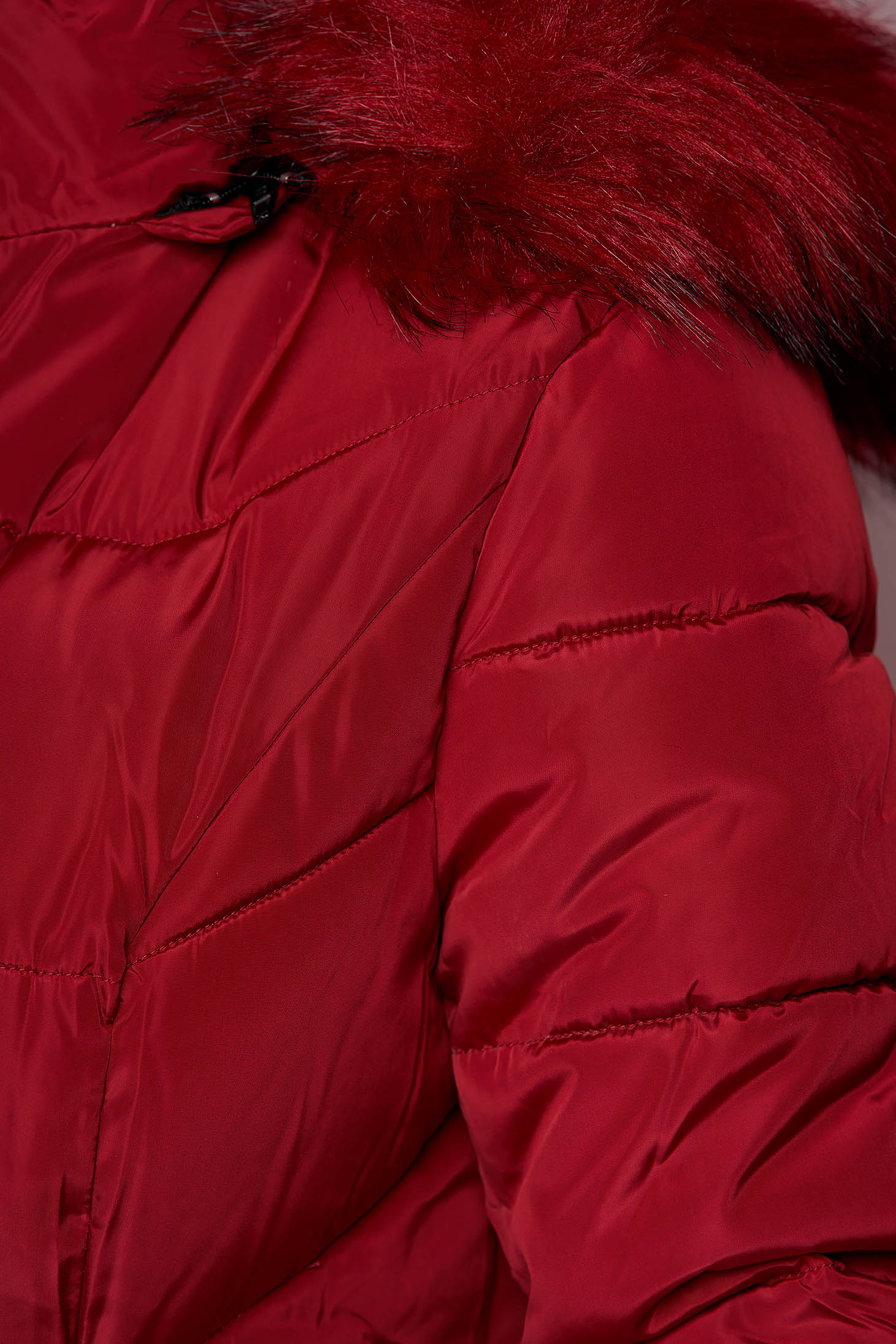 Piros vízlepergető zsebes hosszú dzseki műszőrme díszítéssel 6 - StarShinerS.hu