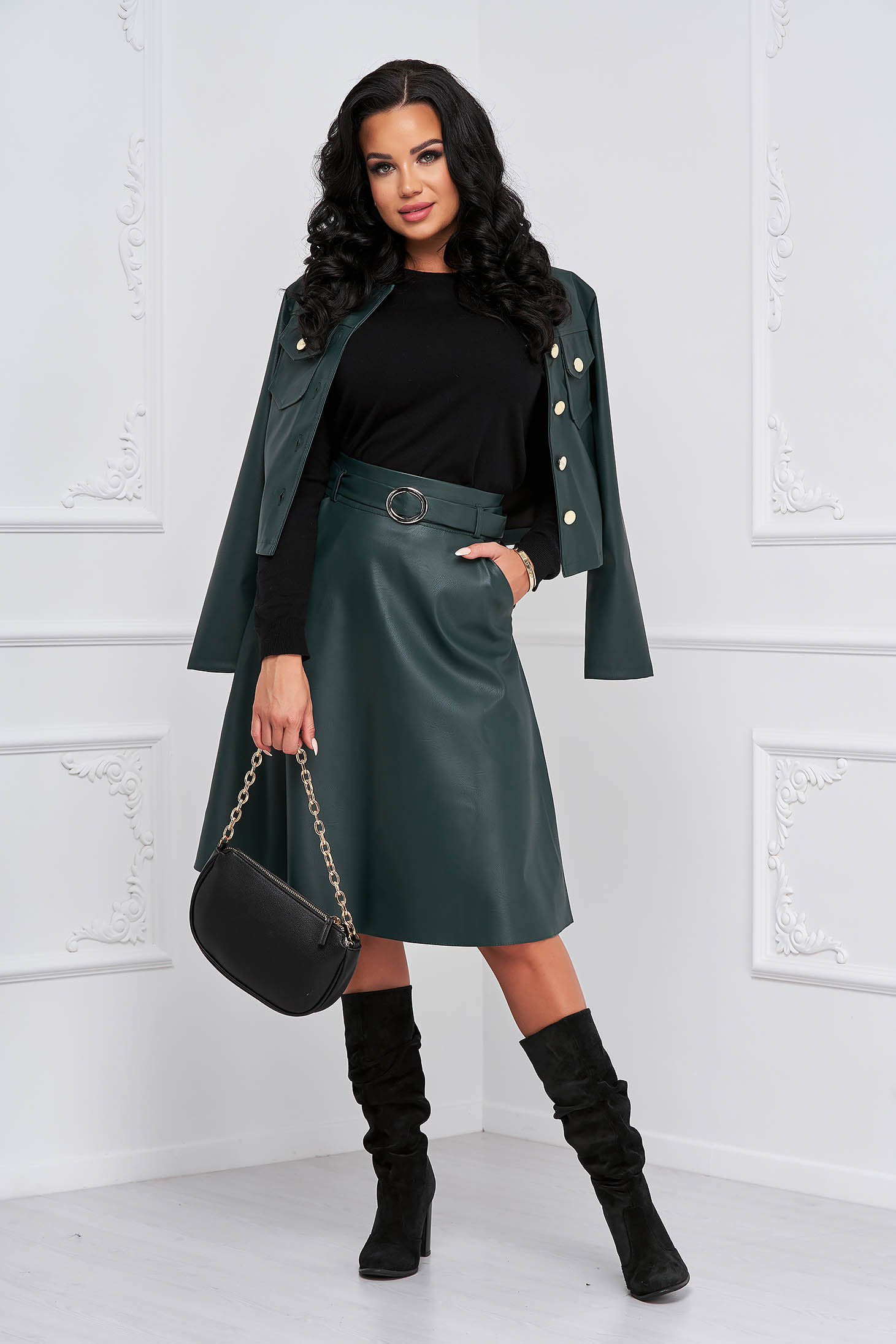 Dark Green Faux Leather Skater Skirt with Faux Leather Belt - SunShine 3 - StarShinerS.com