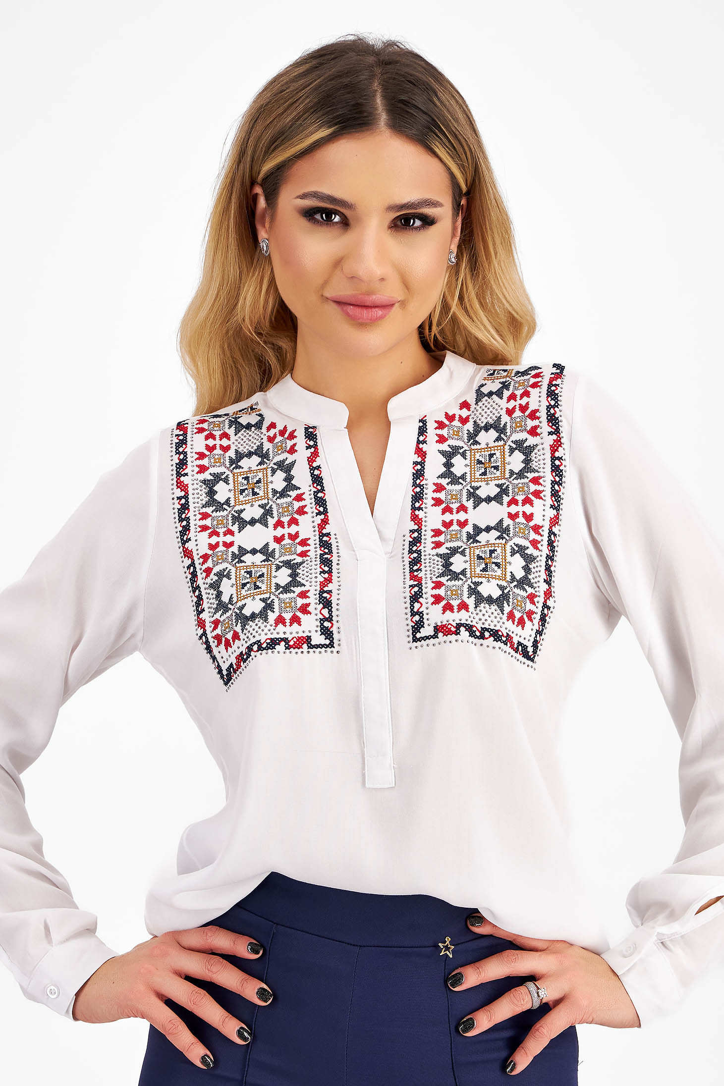 Women's white cotton blouse with rhinestone embroidery - SunShine 3 - StarShinerS.com
