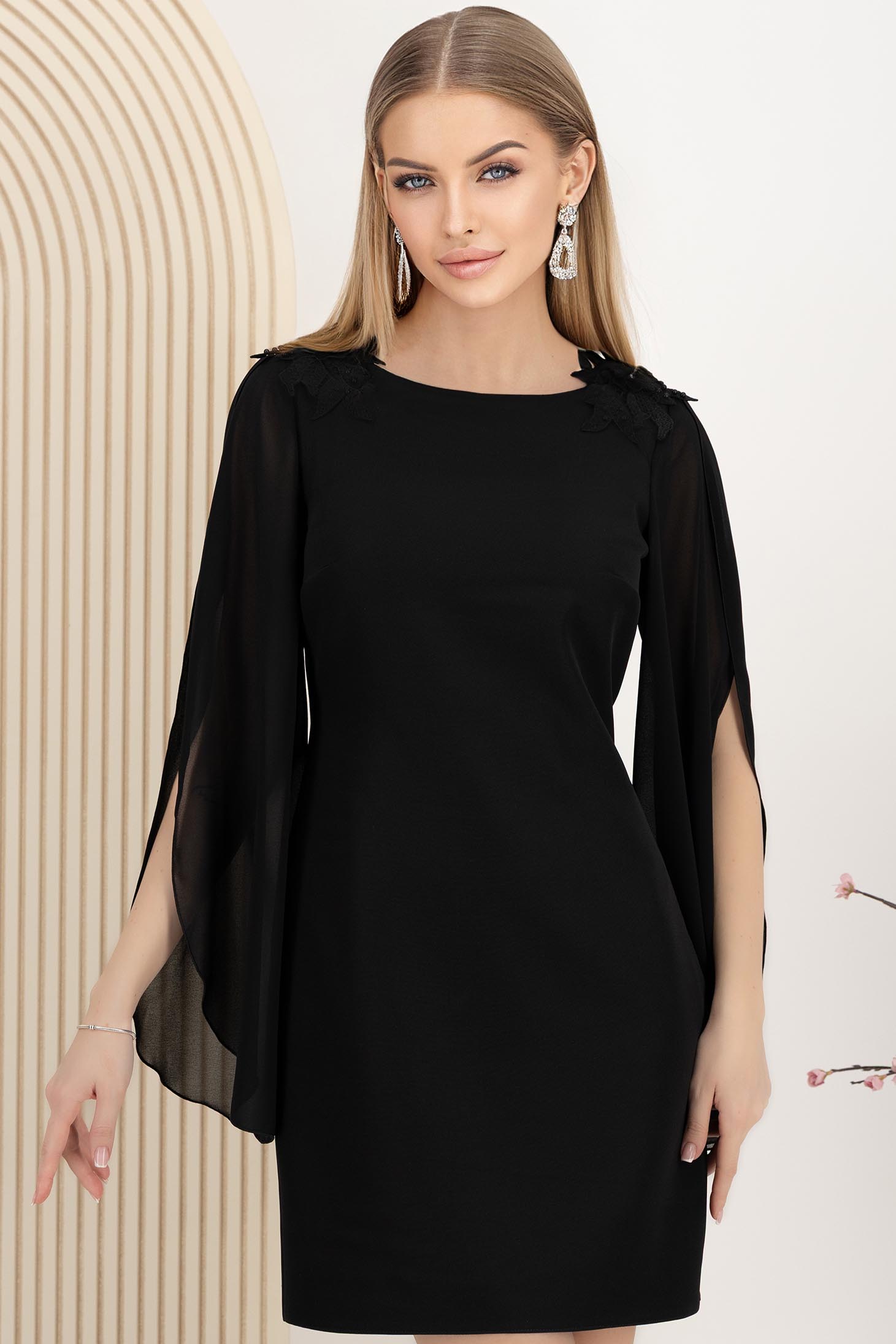 Rochie din stofa neagra cu un croi drept si maneci tip fluture din voal cu aplicatii pe umeri - StarShinerS