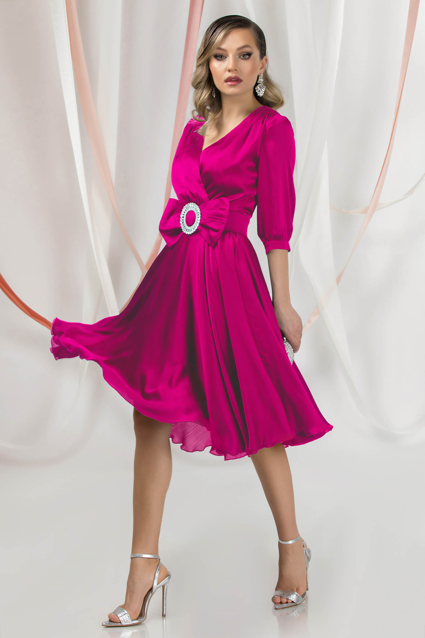 Fuchsia Satin Midi Swing Dress with Crossover Neckline - PrettyGirl 2 - StarShinerS.com