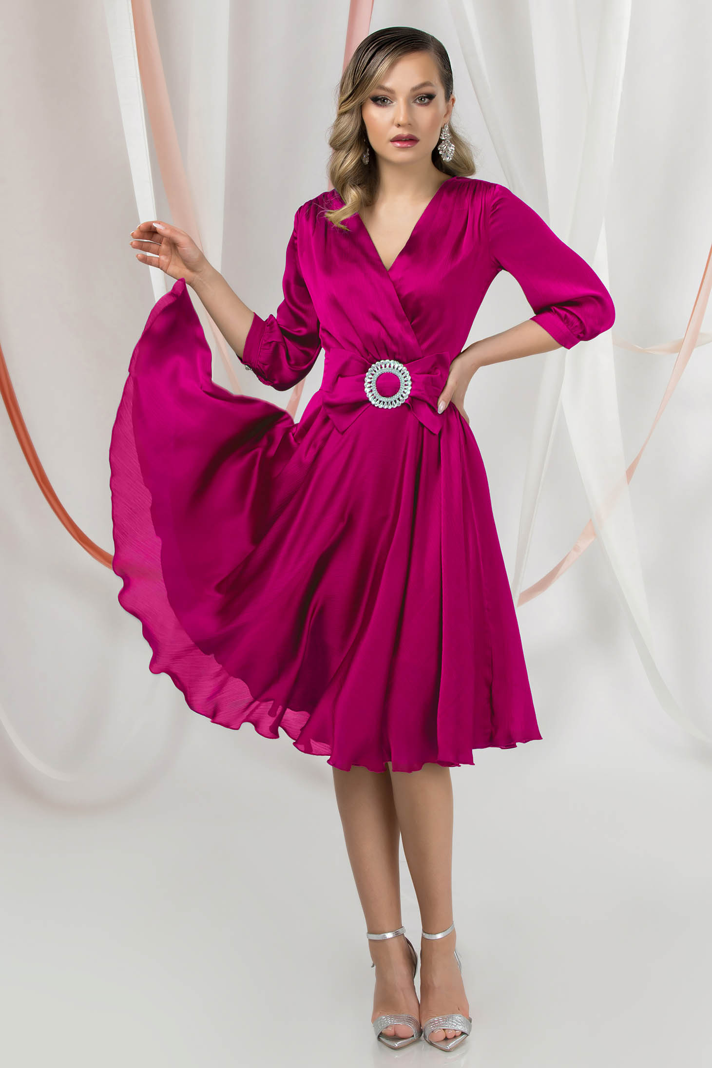 Fuchsia Satin Midi Swing Dress with Crossover Neckline - PrettyGirl 3 - StarShinerS.com