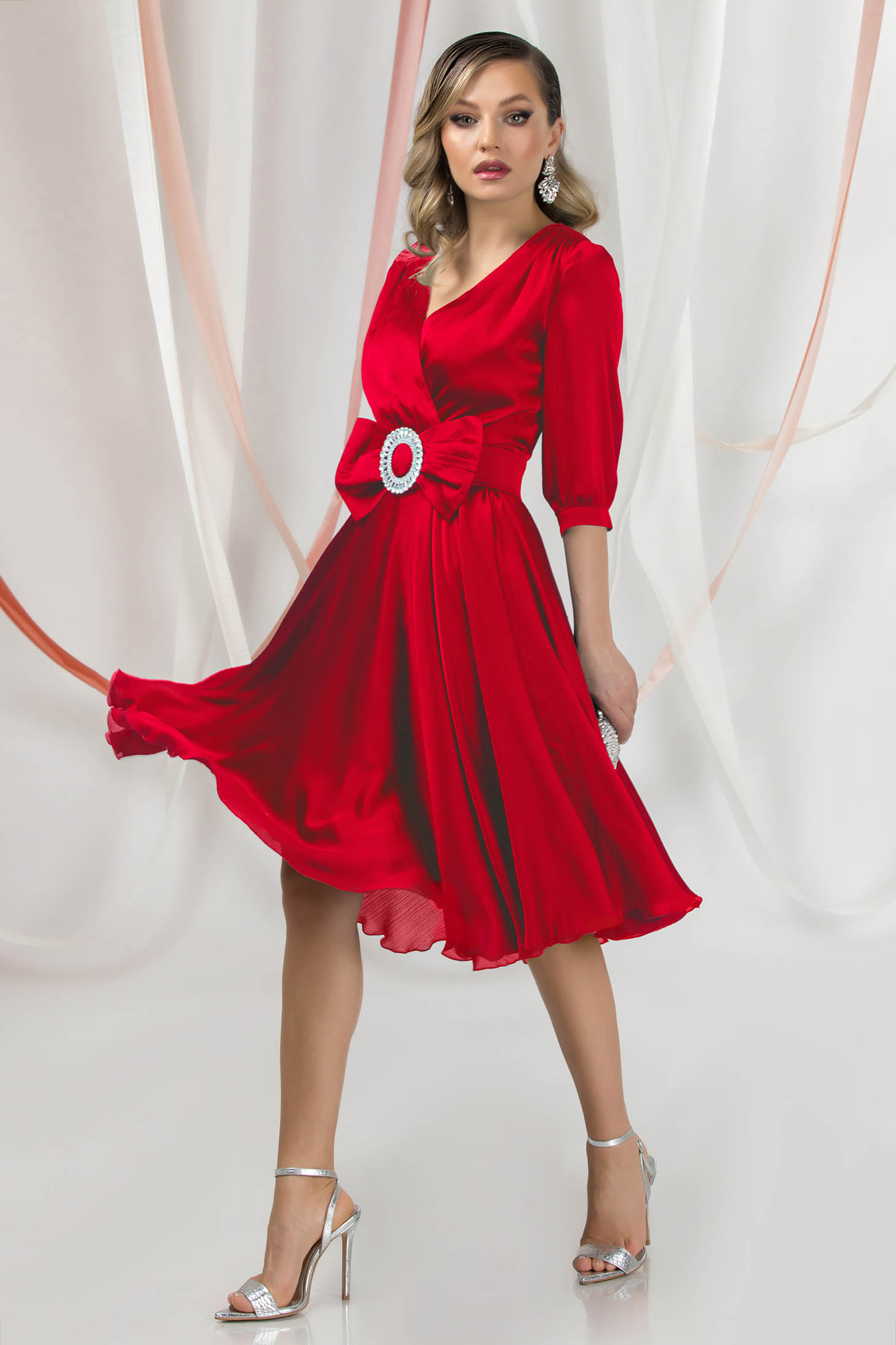 Red Satin Midi Swing Dress with Crossover Neckline - PrettyGirl 2 - StarShinerS.com