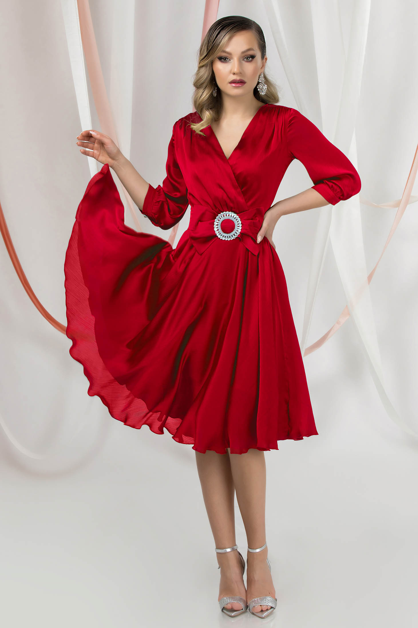 Red Satin Midi Swing Dress with Crossover Neckline - PrettyGirl 3 - StarShinerS.com