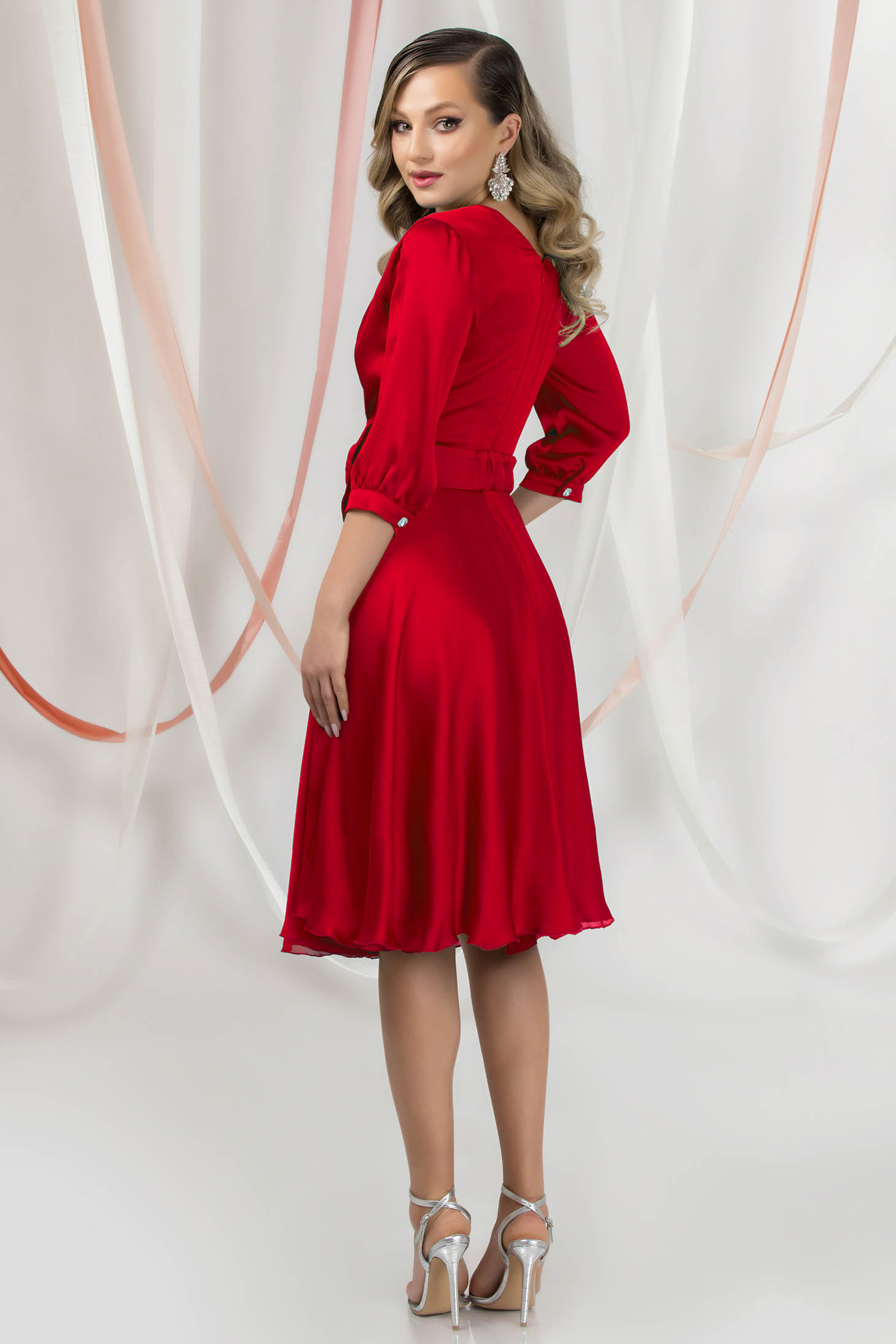 Red Satin Midi Swing Dress with Crossover Neckline - PrettyGirl 4 - StarShinerS.com