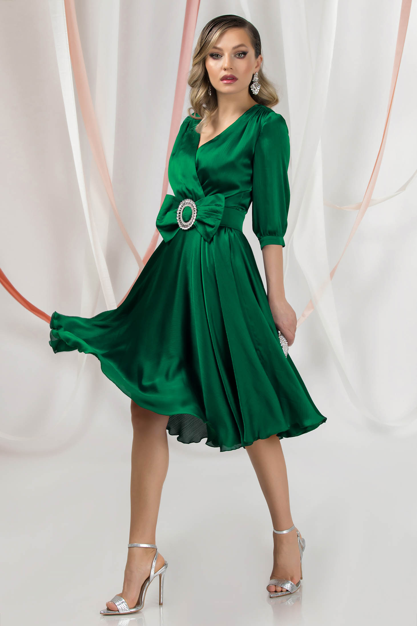 Green Satin Midi A-Line Dress with Wrap Neckline - PrettyGirl 2 - StarShinerS.com