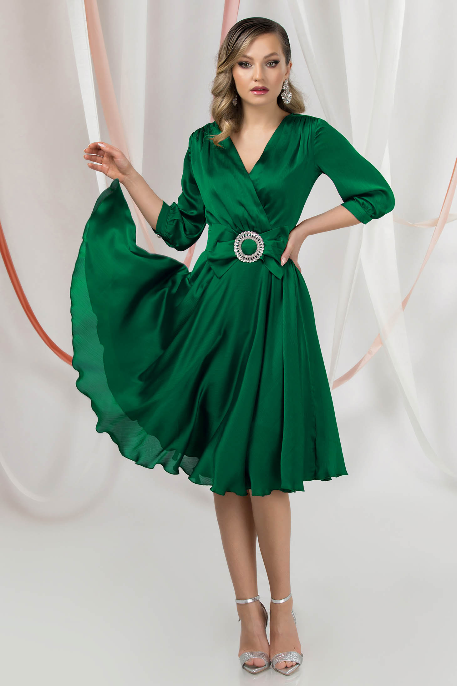 Green Satin Midi A-Line Dress with Wrap Neckline - PrettyGirl 3 - StarShinerS.com