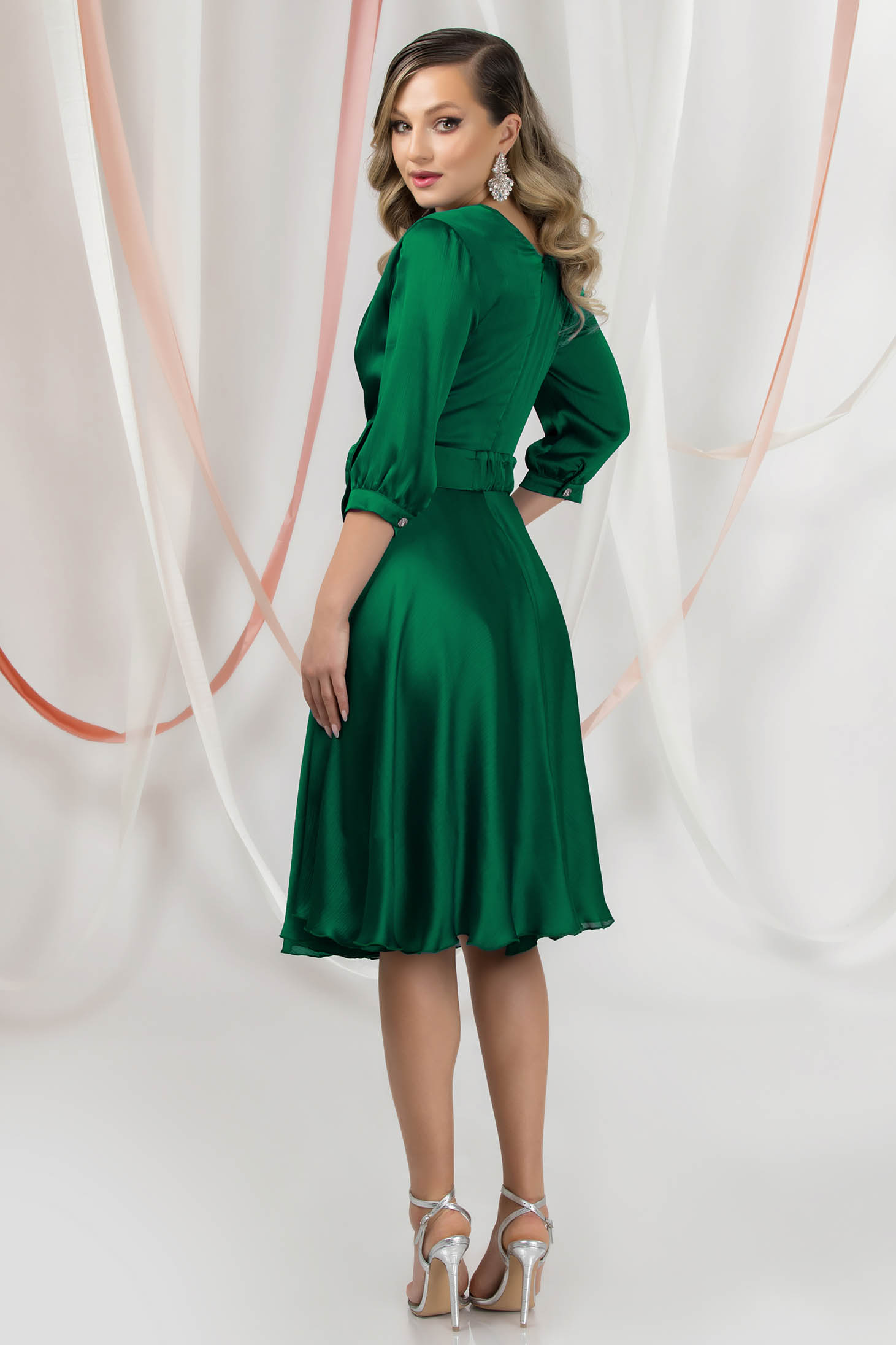 Green Satin Midi A-Line Dress with Wrap Neckline - PrettyGirl 4 - StarShinerS.com