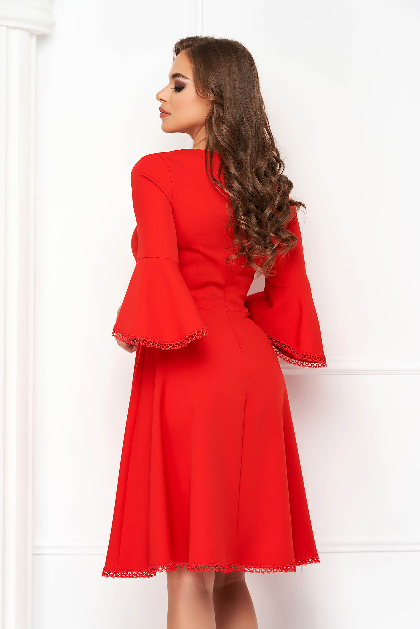 Red Elastic Fabric Dress in Clos with Ruffle Sleeve - StarShinerS 2 - StarShinerS.com