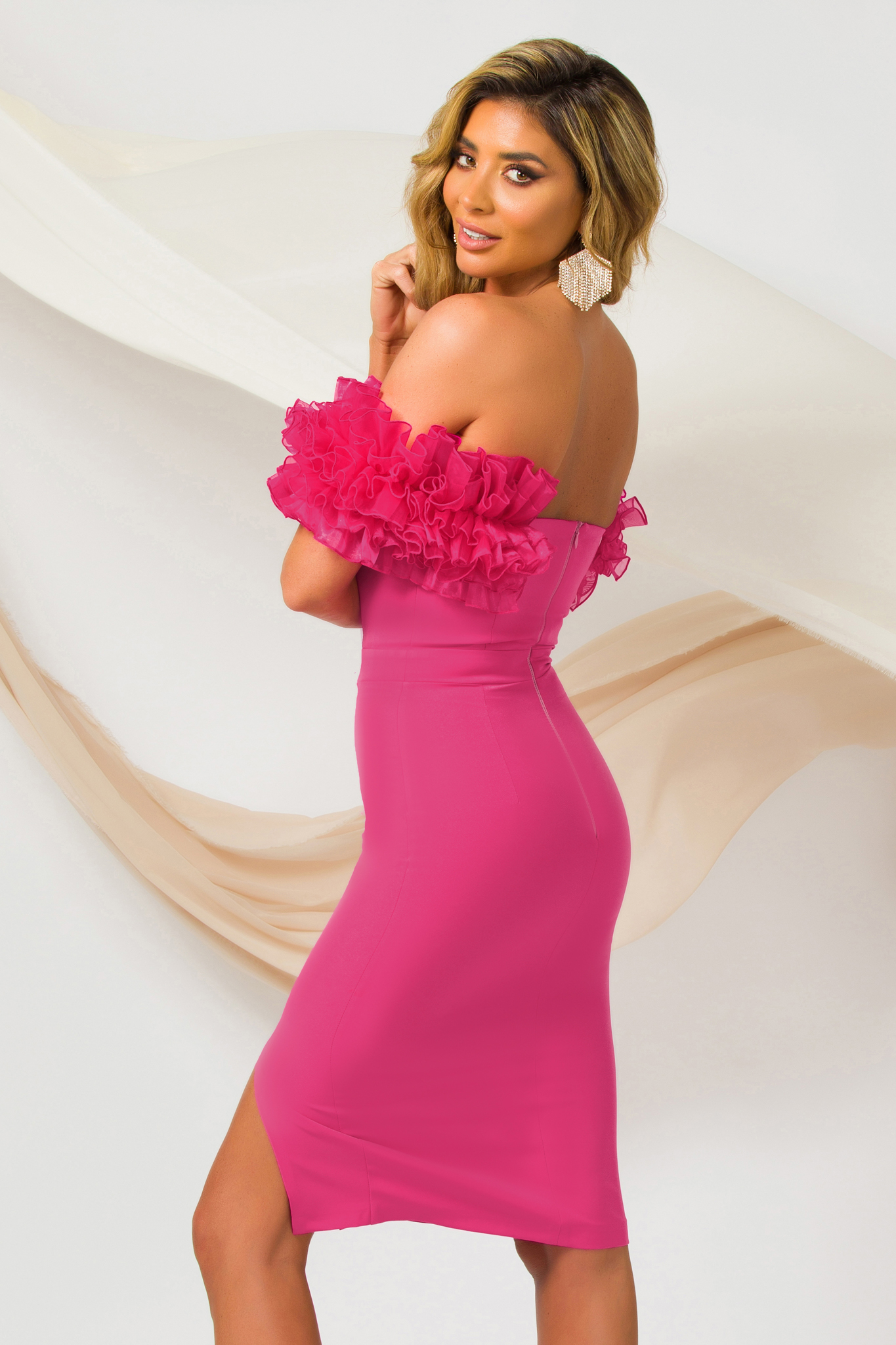 Pink midi pencil dress made of slightly elastic material with organza ruffle sleeves - PrettyGirl 3 - StarShinerS.com