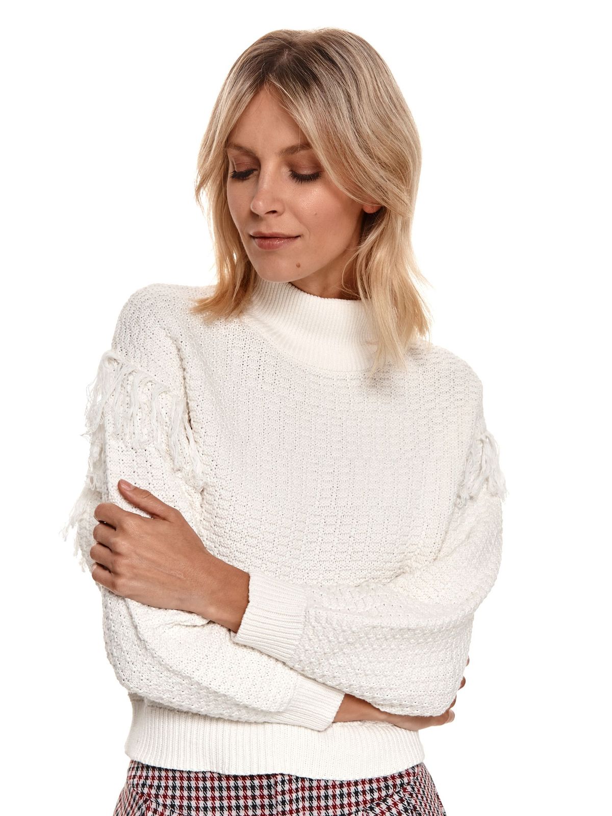 Cream sweater knitted high collar with fringes 5 - StarShinerS.com