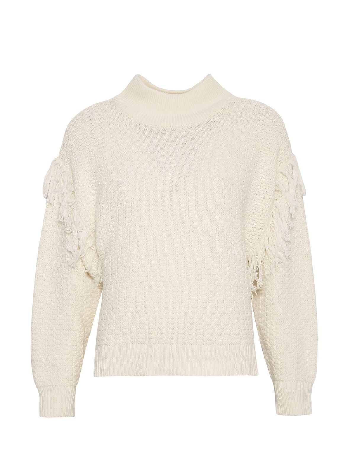 Cream sweater knitted high collar with fringes 6 - StarShinerS.com