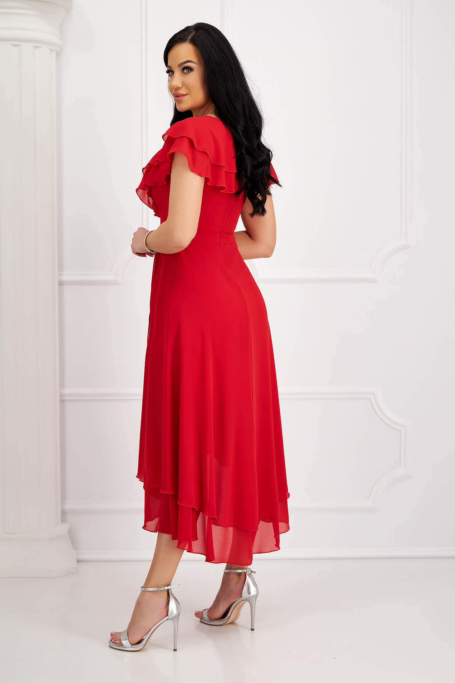 Red Midi Asymmetric Chiffon Dress with Ruffled Sleeves - StarShinerS 2 - StarShinerS.com