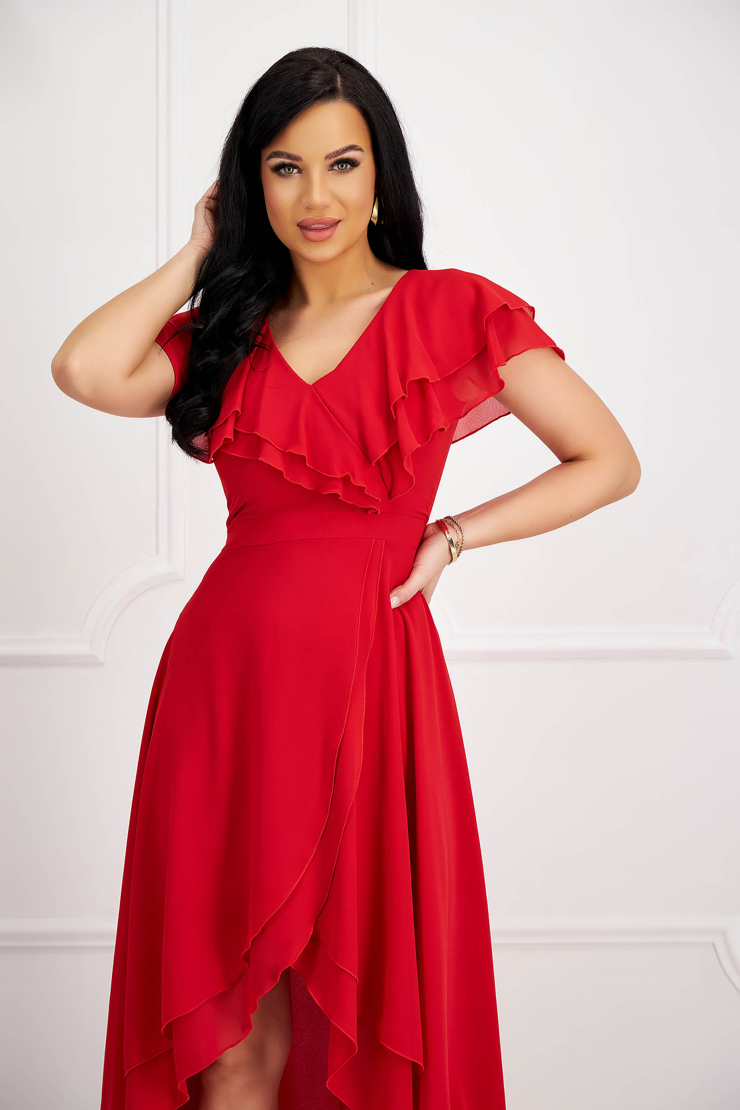 Red Midi Asymmetric Chiffon Dress with Ruffled Sleeves - StarShinerS 4 - StarShinerS.com