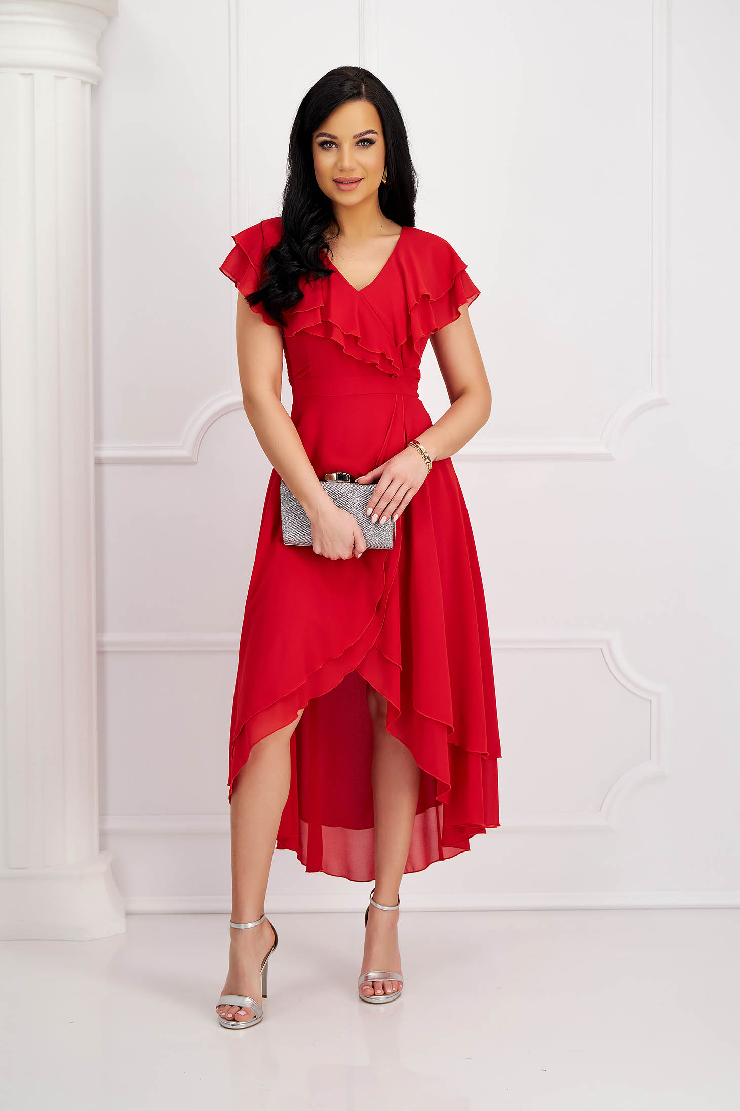Red Midi Asymmetric Chiffon Dress with Ruffled Sleeves - StarShinerS 3 - StarShinerS.com
