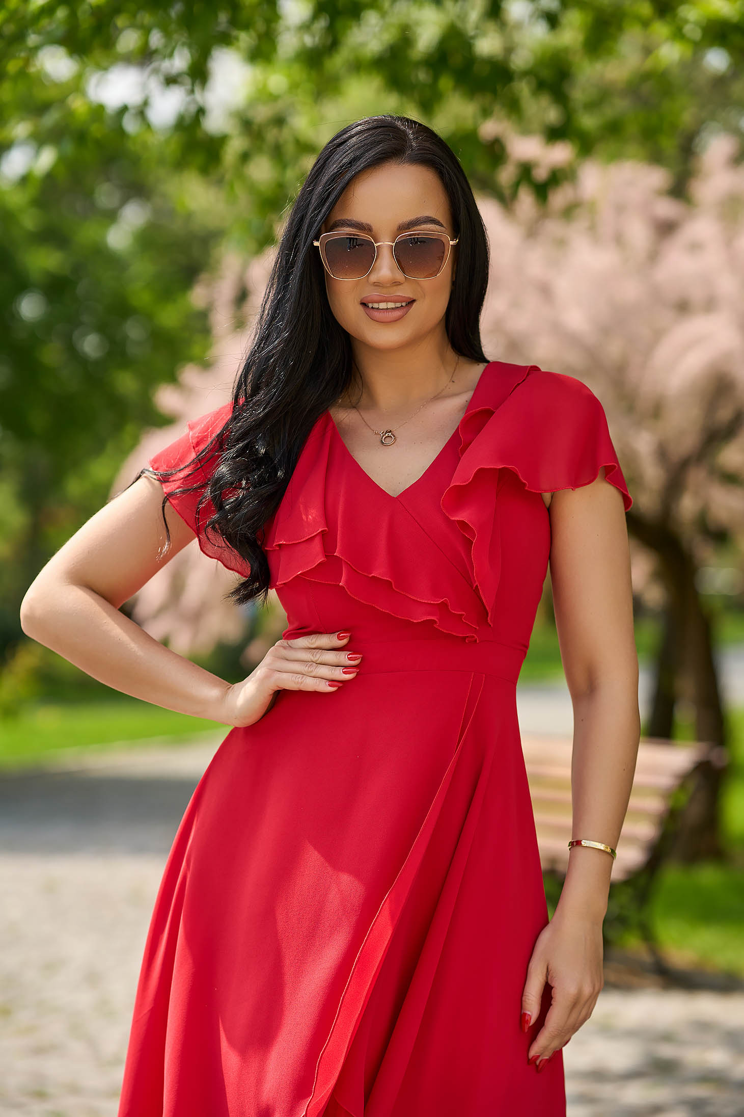 Red Midi Asymmetric Chiffon Dress with Ruffled Sleeves - StarShinerS 6 - StarShinerS.com