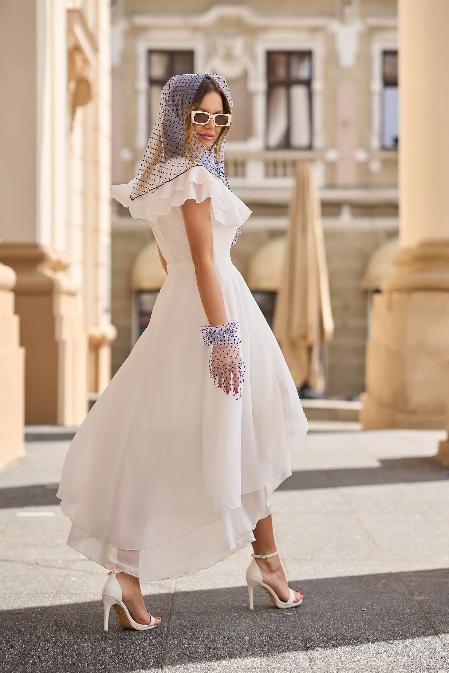 Ivory Veil Midi Asymmetrical Dress with Ruffles on the Sleeve - StarShinerS 2 - StarShinerS.com