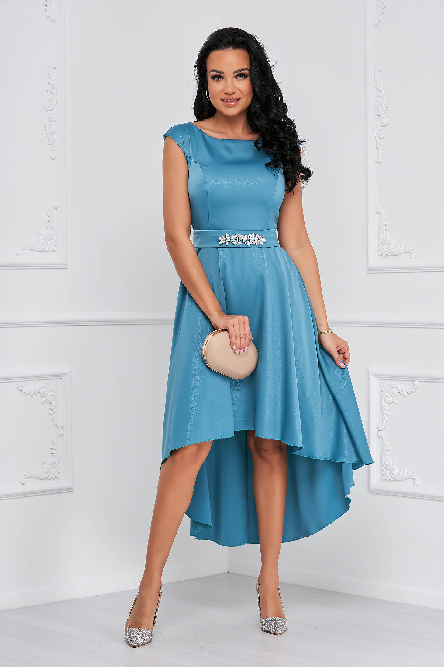 Turquoise satin asymmetric dress with detachable rhinestone cord - StarShinerS 4 - StarShinerS.com