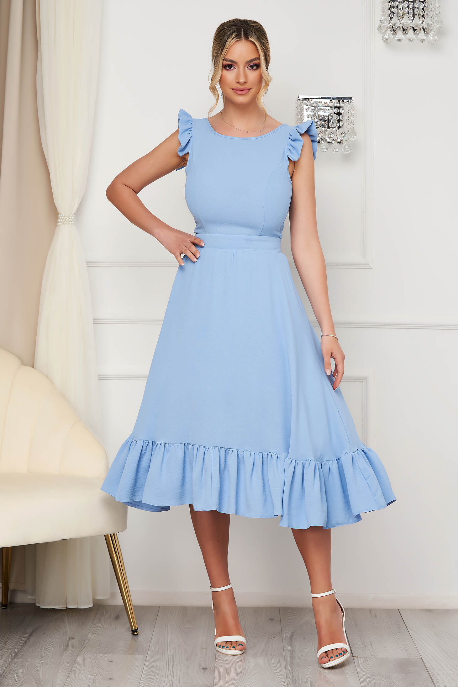 Light Material Type Midi Dress in Light Blue with Open Back - StarShinerS 2 - StarShinerS.com