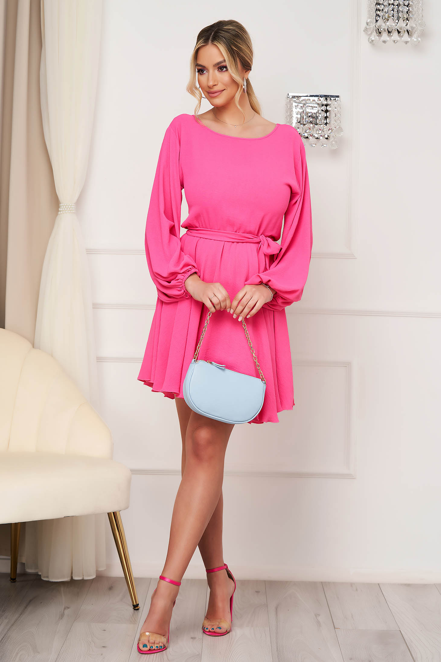 Short fuchsia georgette dress in skater style with elastic waist and puff sleeves - StarShinerS 4 - StarShinerS.com