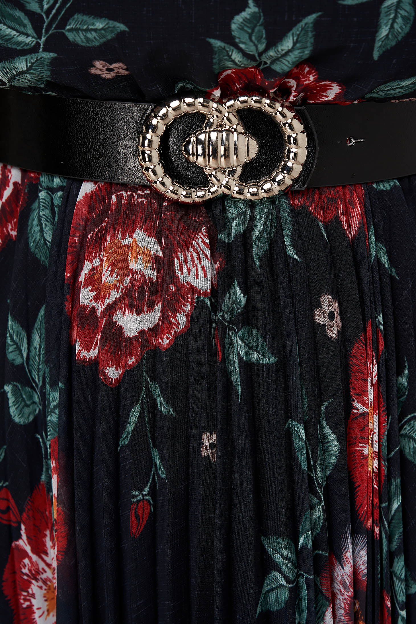 Midi irodai muszlin virágmintás harang alakú ruha gumirozott derékrésszel 5 - StarShinerS.hu