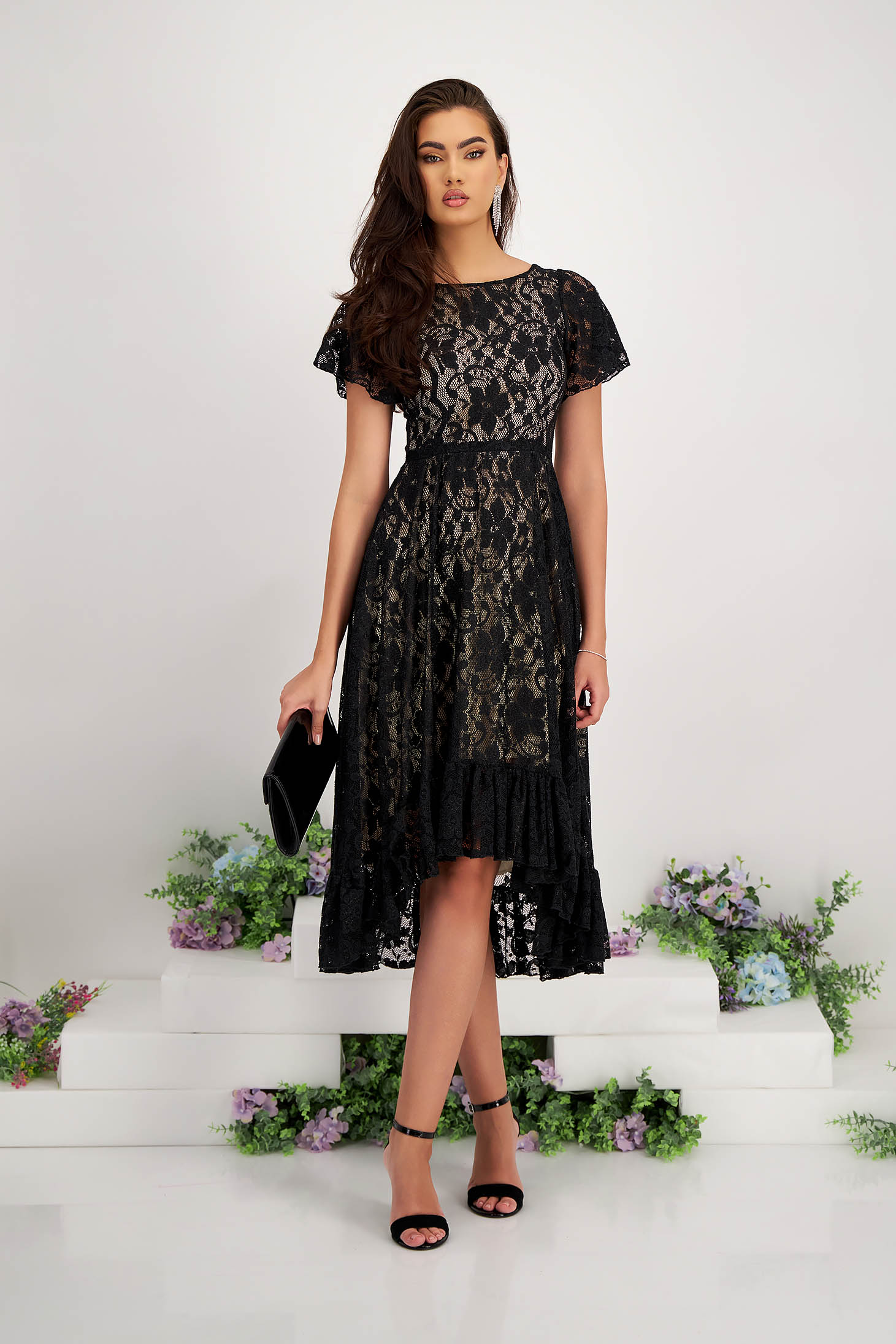 Asymmetrical Black Lace Dress in A-line with Butterfly Sleeves - StarShinerS 5 - StarShinerS.com