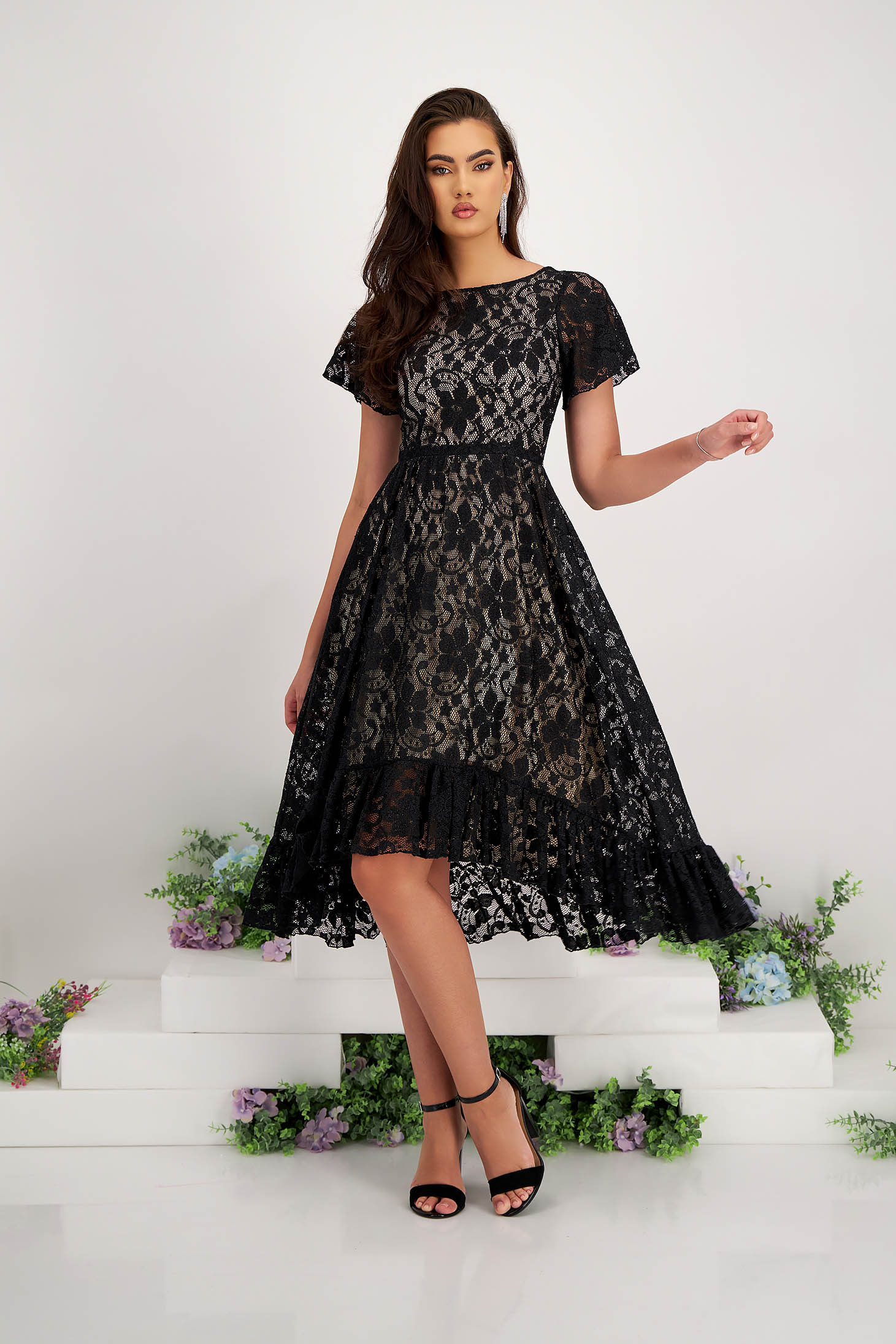 Asymmetrical Black Lace Dress in A-line with Butterfly Sleeves - StarShinerS 3 - StarShinerS.com