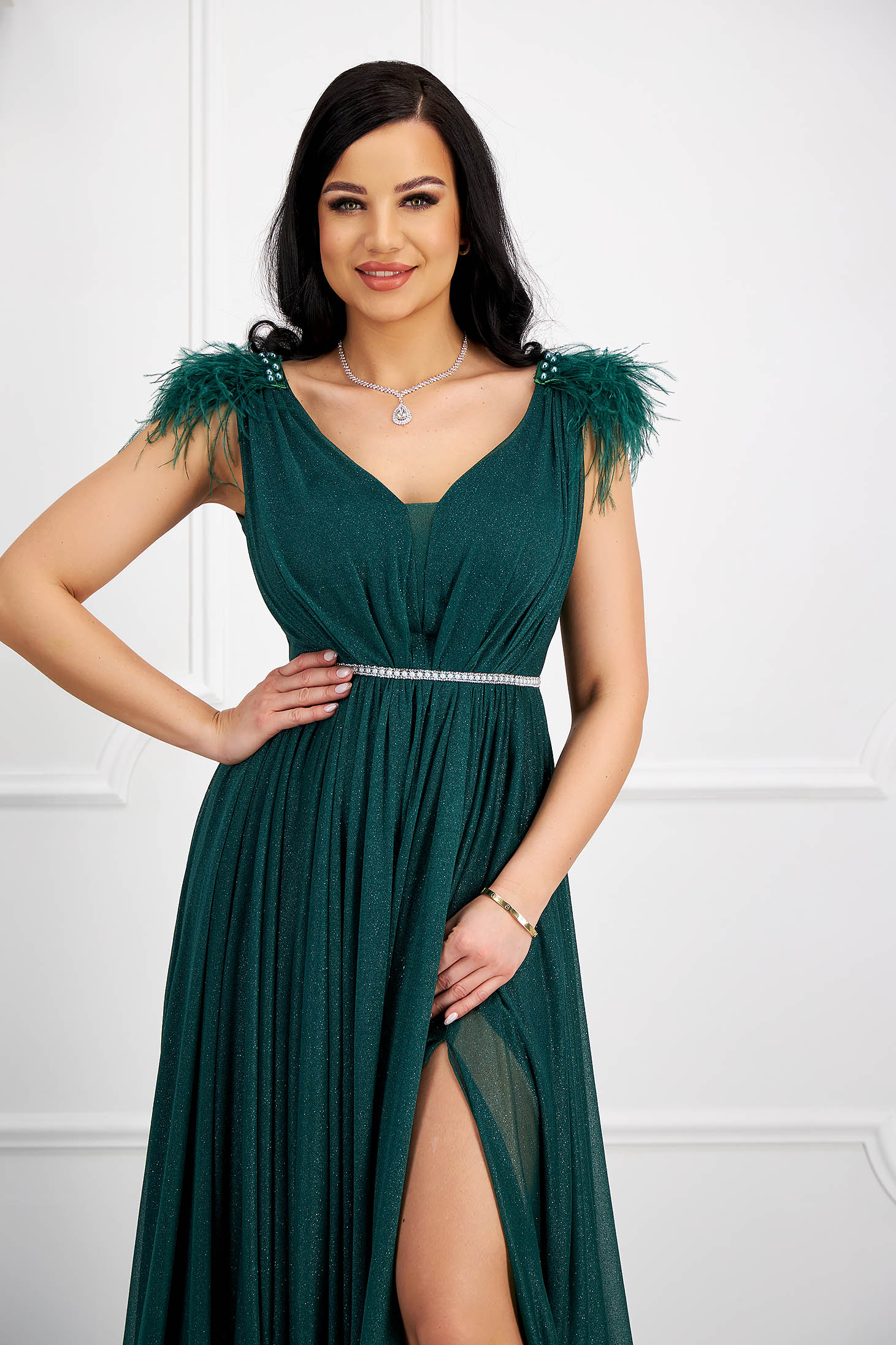 Long dark green glitter tulle dress with feathers on the shoulders 6 - StarShinerS.com
