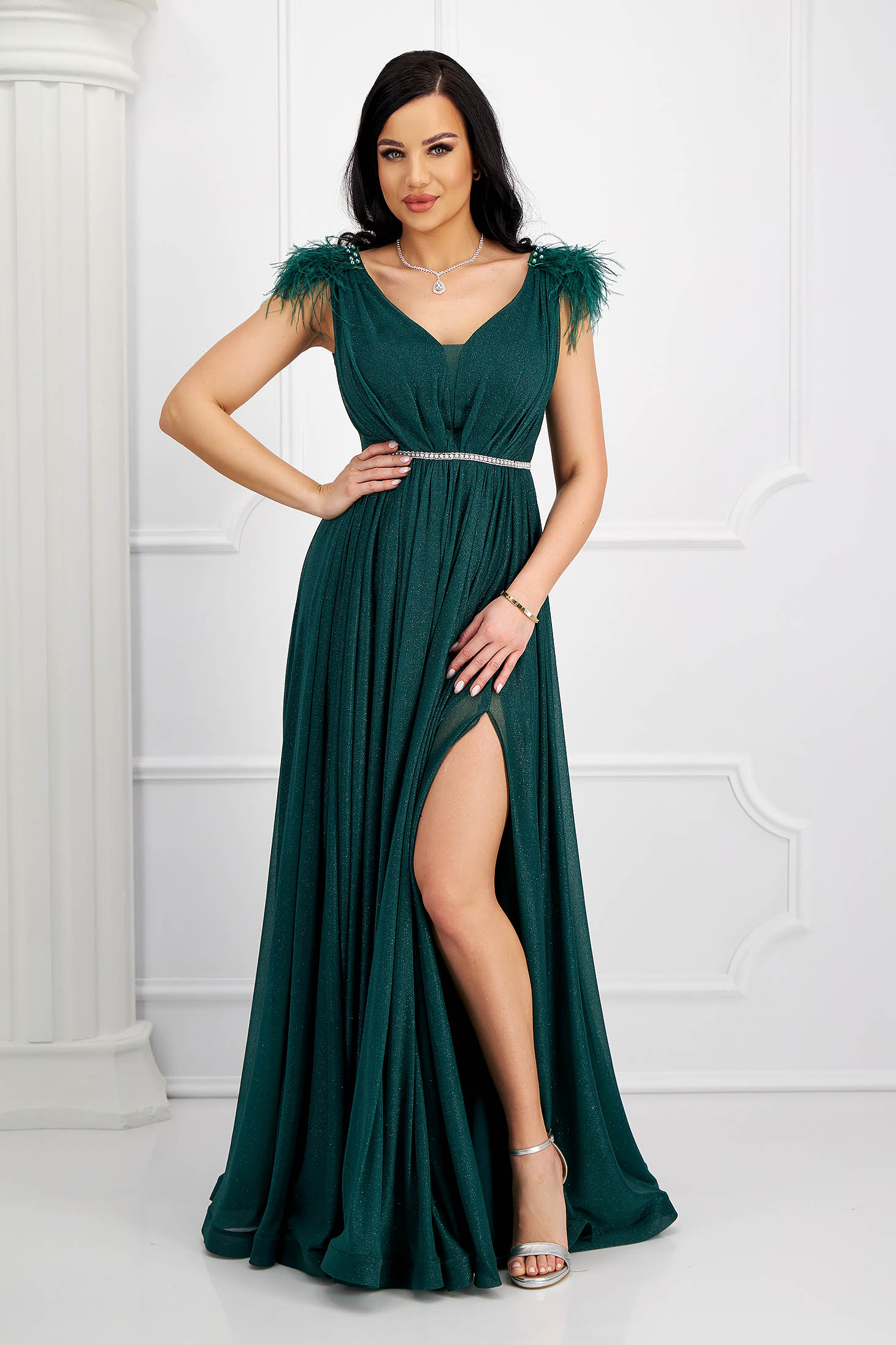 Long dark green glitter tulle dress with feathers on the shoulders 4 - StarShinerS.com