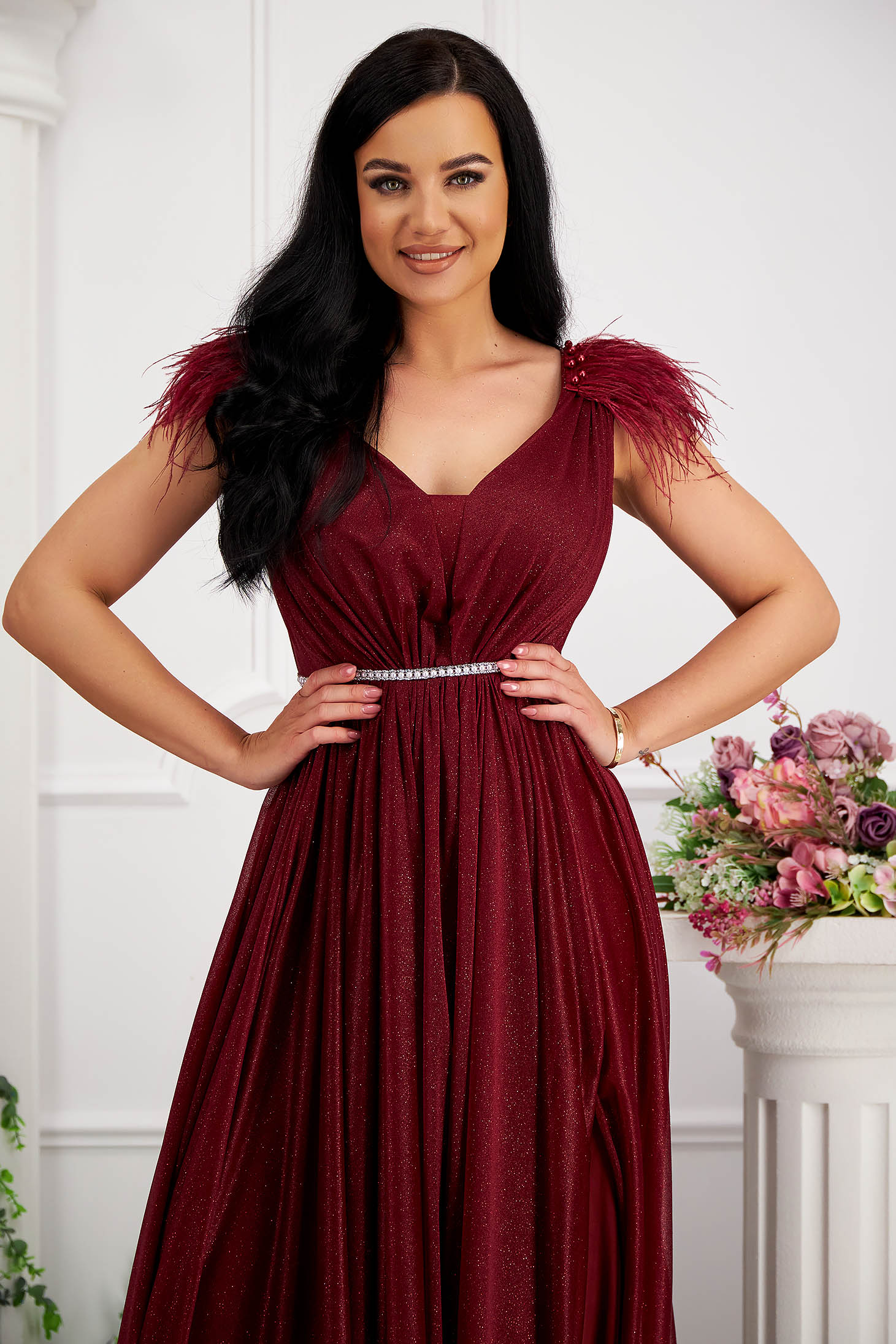 Long cherry glitter tulle dress with feathers on the shoulders 2 - StarShinerS.com