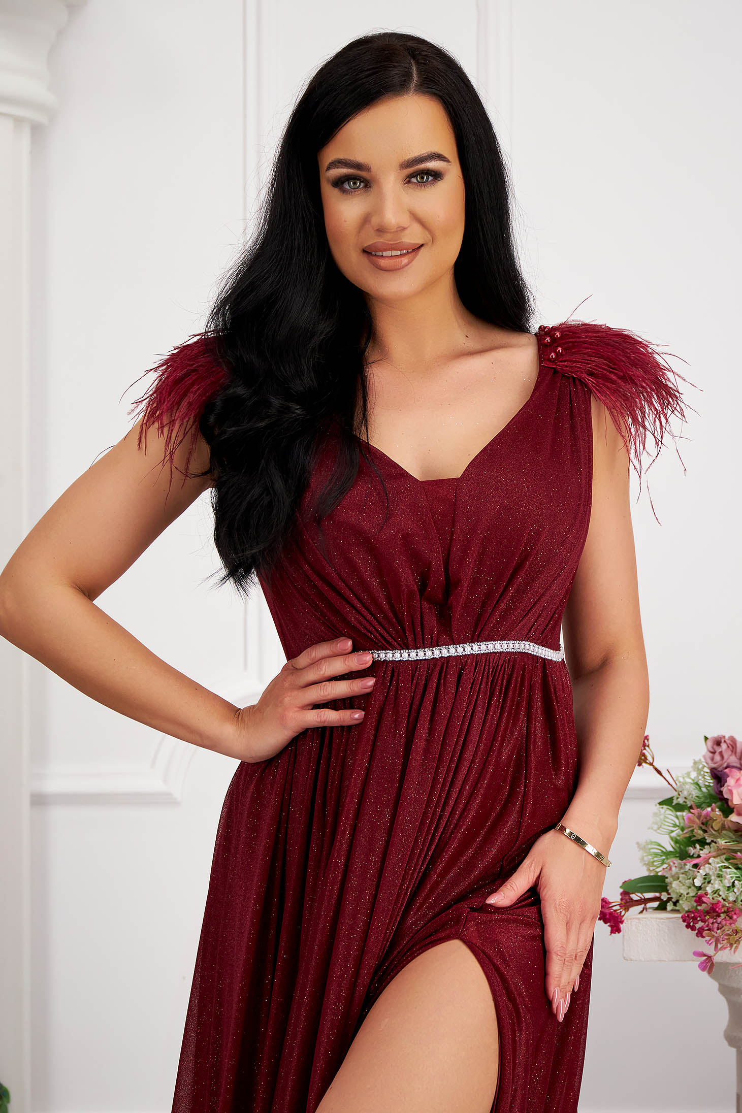 Long cherry glitter tulle dress with feathers on the shoulders 6 - StarShinerS.com