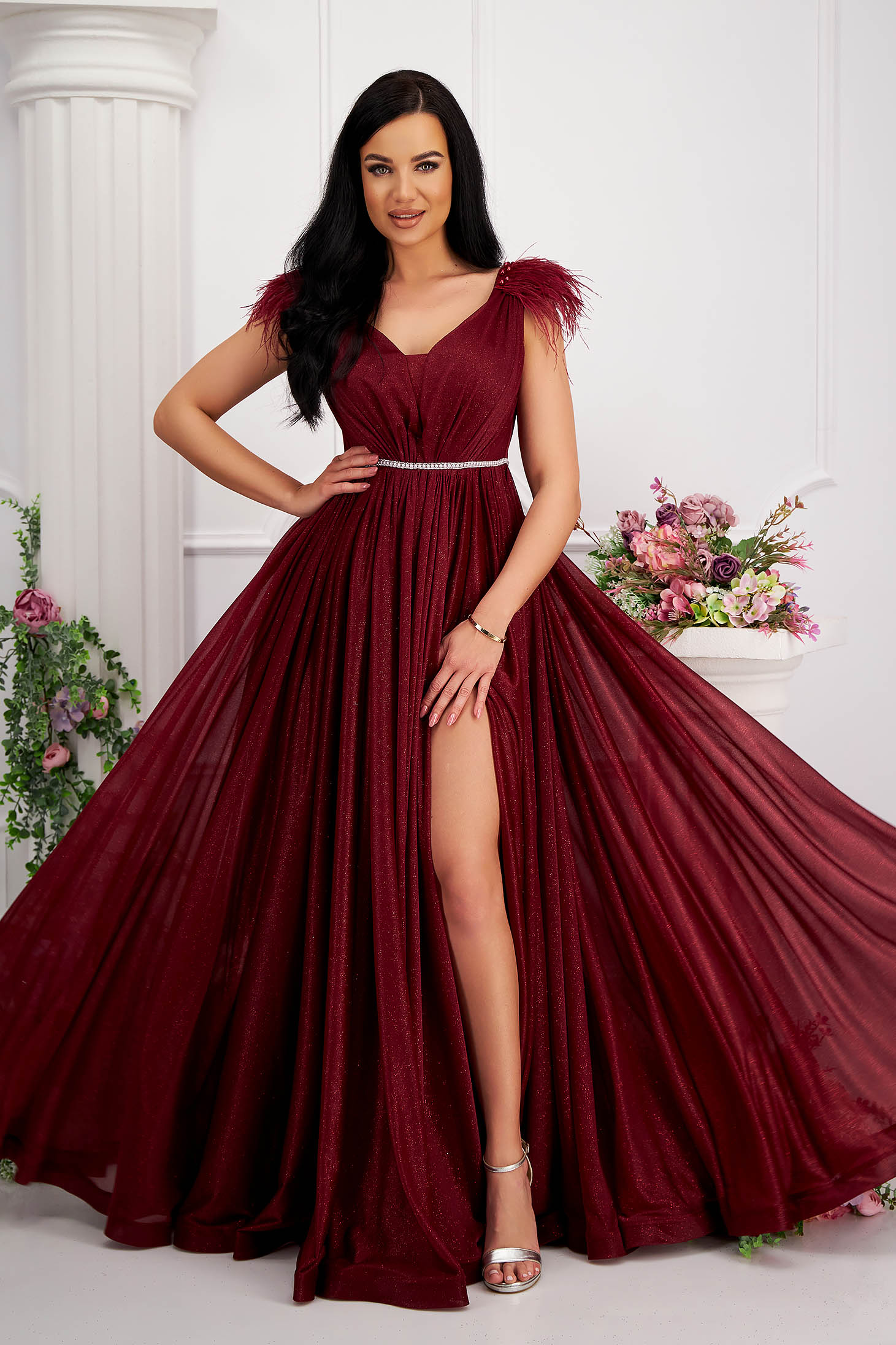Long cherry glitter tulle dress with feathers on the shoulders 3 - StarShinerS.com