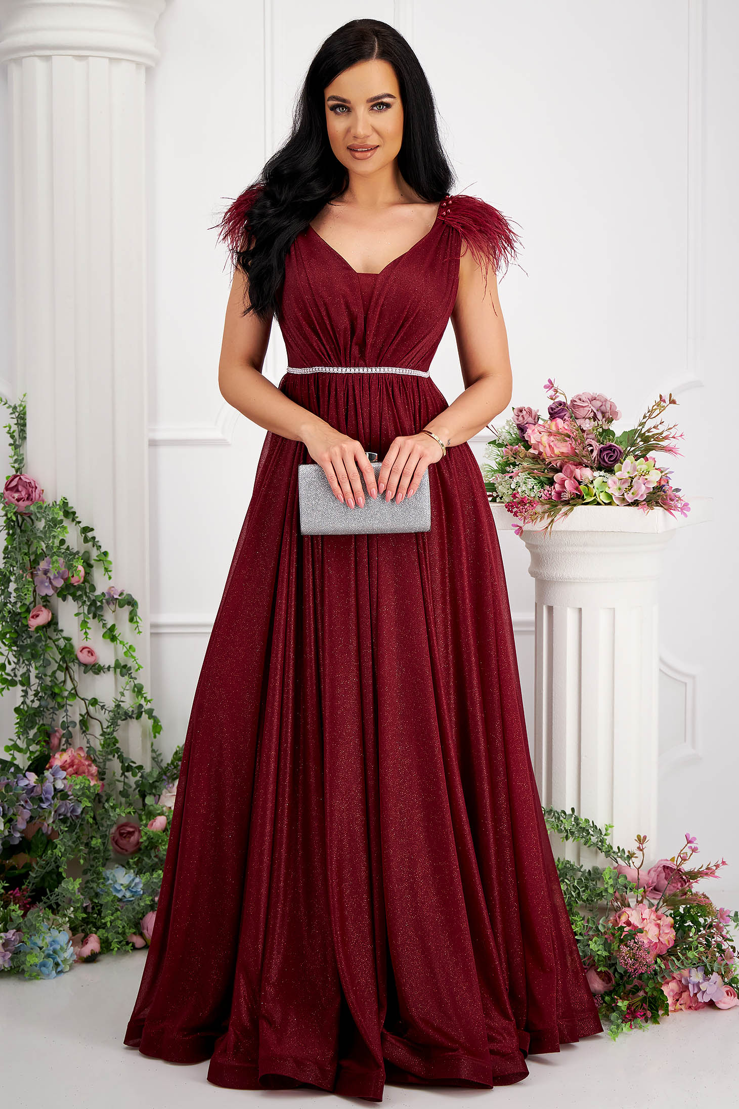 Long cherry glitter tulle dress with feathers on the shoulders 5 - StarShinerS.com