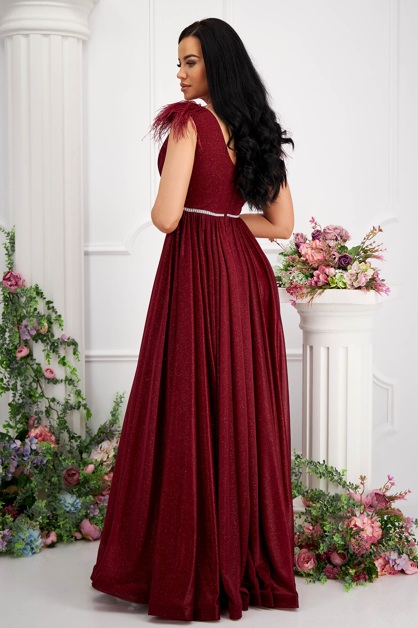 Long cherry glitter tulle dress with feathers on the shoulders 4 - StarShinerS.com