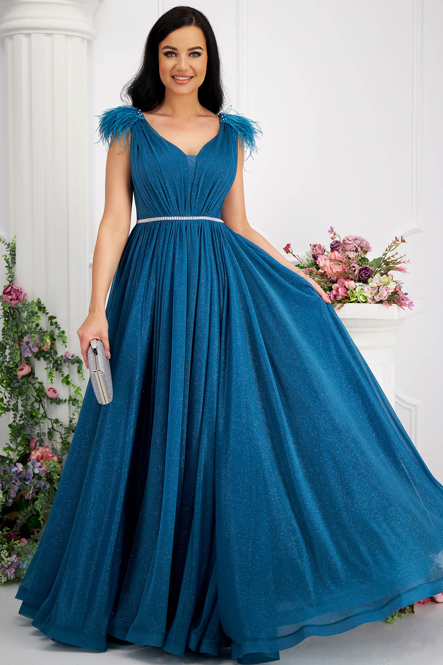 Petrol blue glitter tulle dress long in flared style with feathers on the shoulders 3 - StarShinerS.com