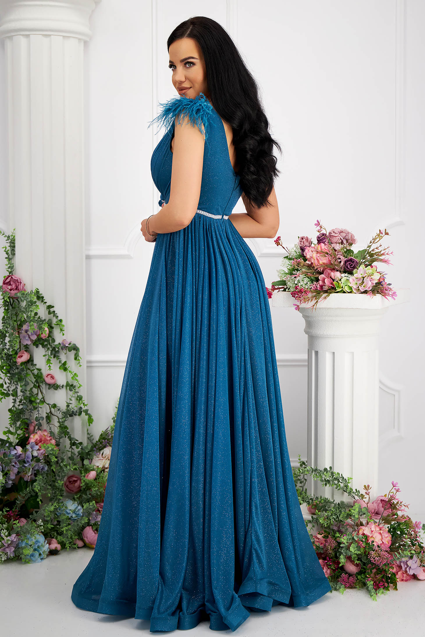 Petrol blue glitter tulle dress long in flared style with feathers on the shoulders 4 - StarShinerS.com